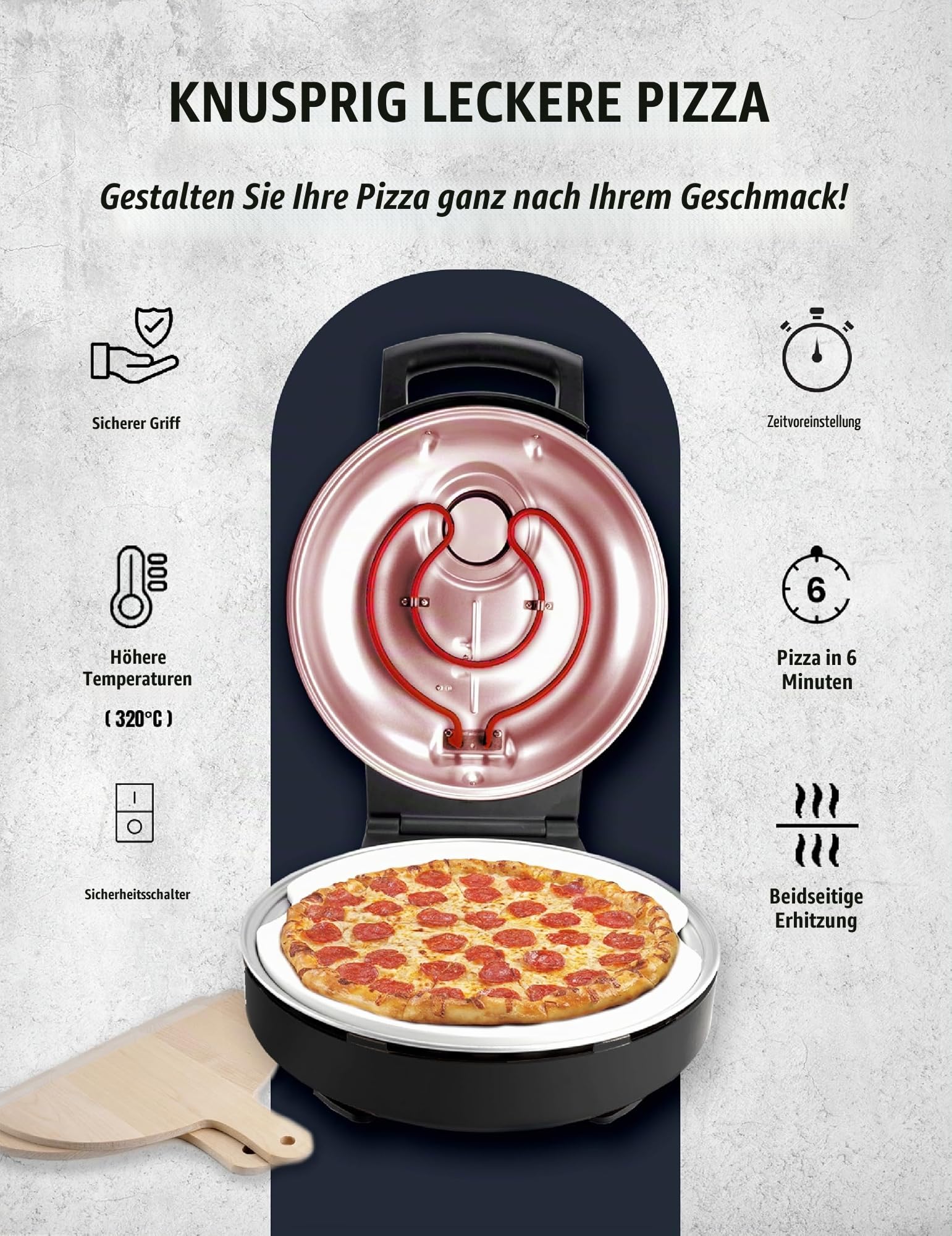 Bestron Pizzaofen für knusprige Pizzen in 5-10 Minuten, elektischer Pizzaofen mit bis zu echten 320°C Höchsttemperatur, inkl. Schamottstein & 2 große Holzspatel, Black Label, Farbe: Mattschwarz