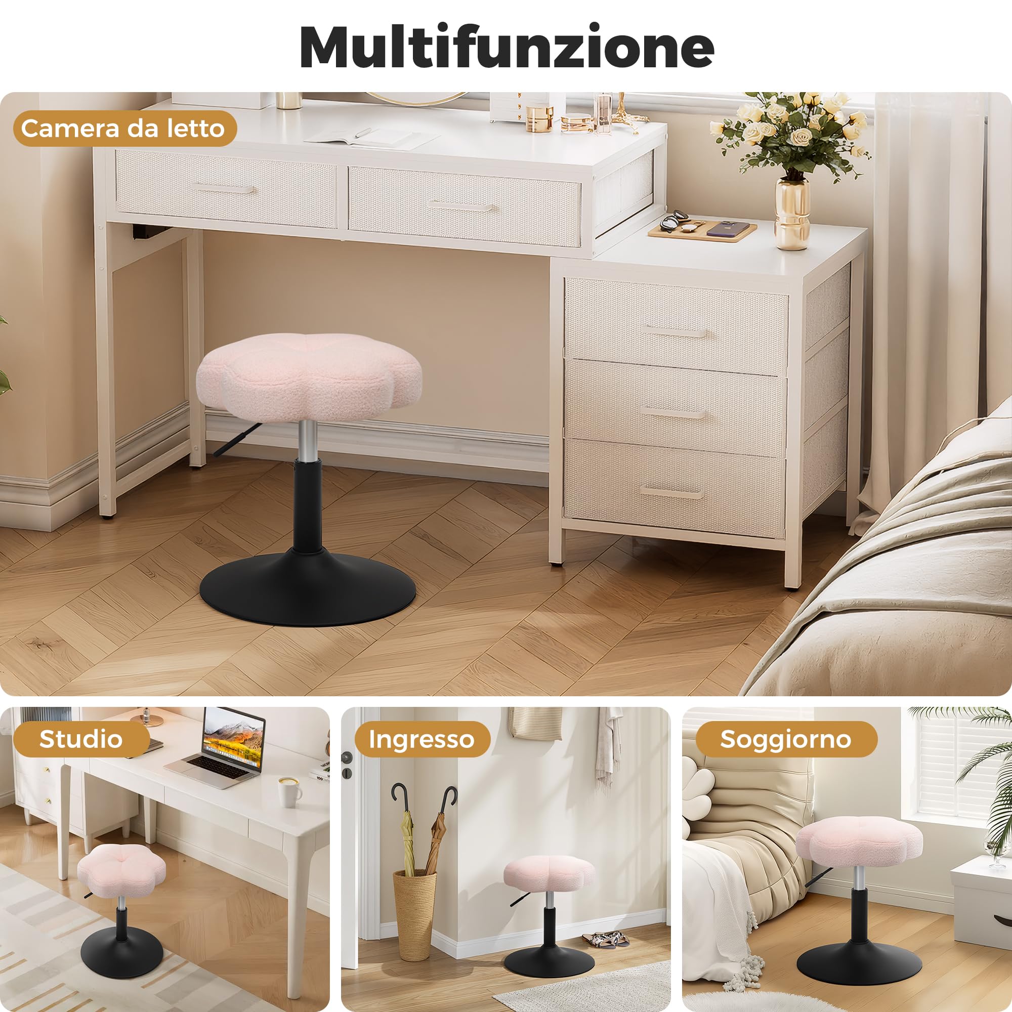 ELUCHANG Sgabello per Toeletta Trucco a Forma Di Petalo, Sedia Trucco Per Camera Da Letto, Sedia Camera da Letto - Regolabile In Altezza 40-52cm, Girevole a 360°, Traspirante Tessuto Sherpa Rosa