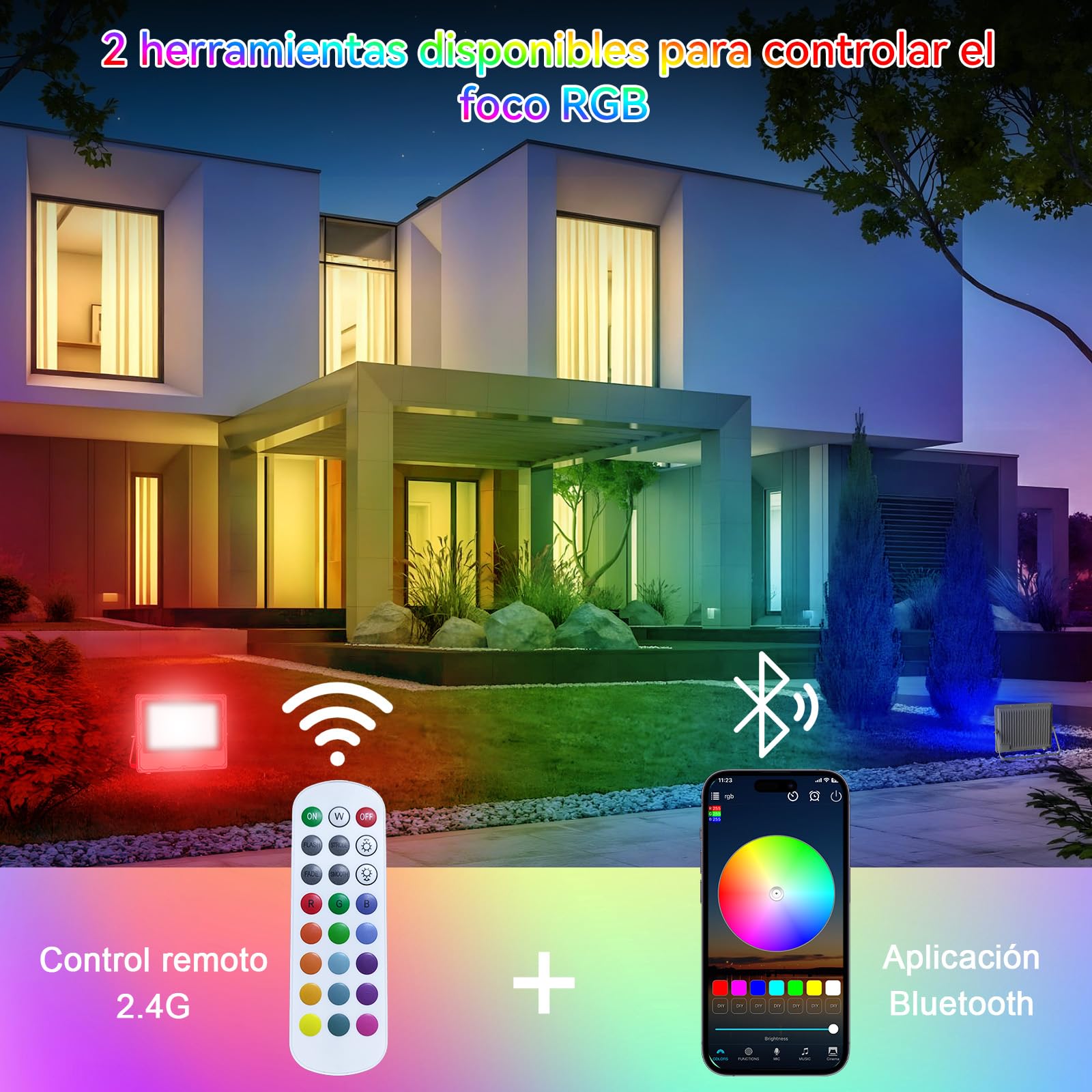 2 Piezas Foco LED RGB Exterior 100W, Regulable Foco LED con APP Bluetooth y Mando a Distancia 2.4G, IP66, 16 Millones de Colores DIY, Para Jardín, Fiestas, Pascua, Halloween, 15000LM