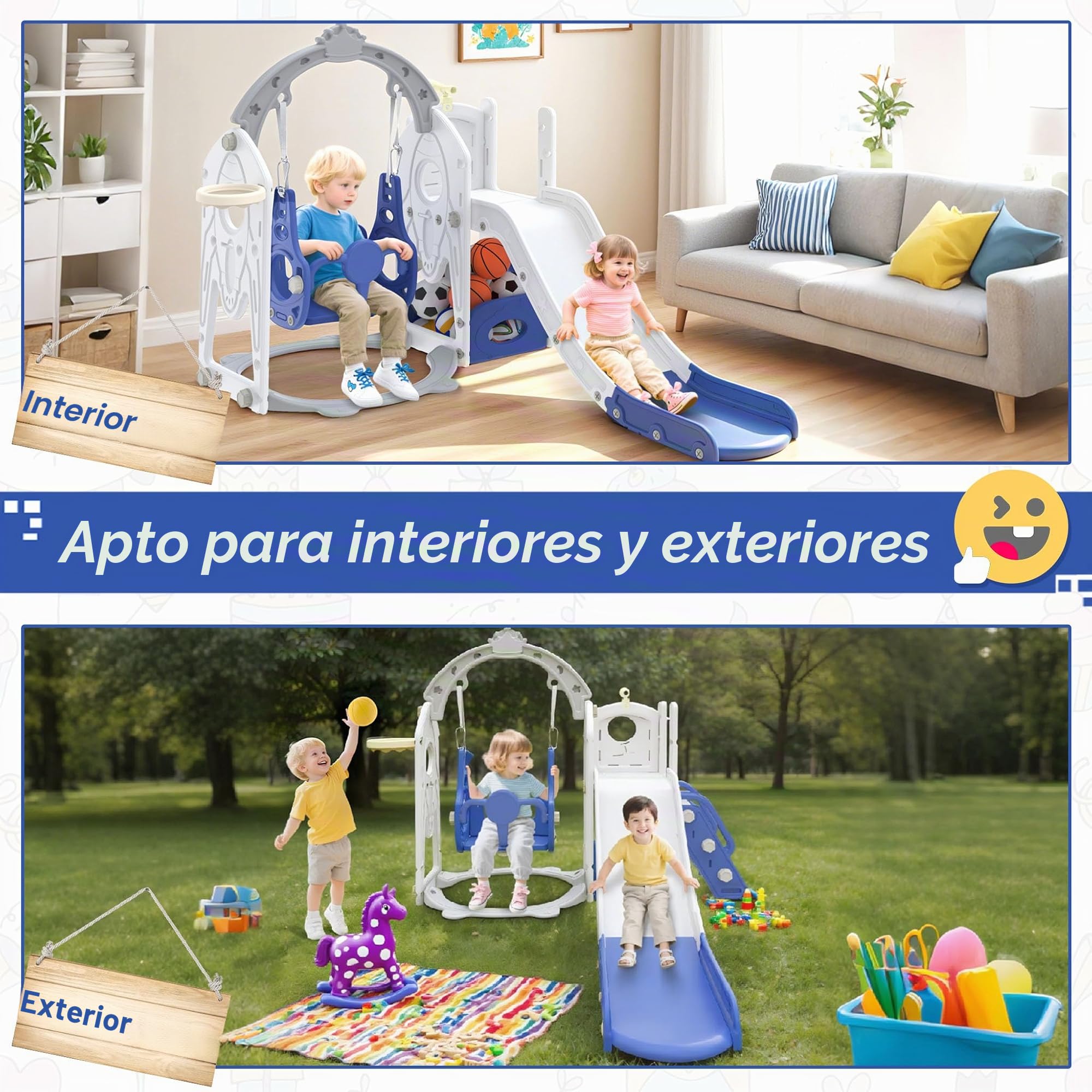 Froadp Tobogán infantil 6 en 1 para niños pequeños a partir de 1 año, interior y exterior, tobogán independiente de HDPE y PP, con columpio, escalera de escalada, espacio de almacenamiento, canasta de