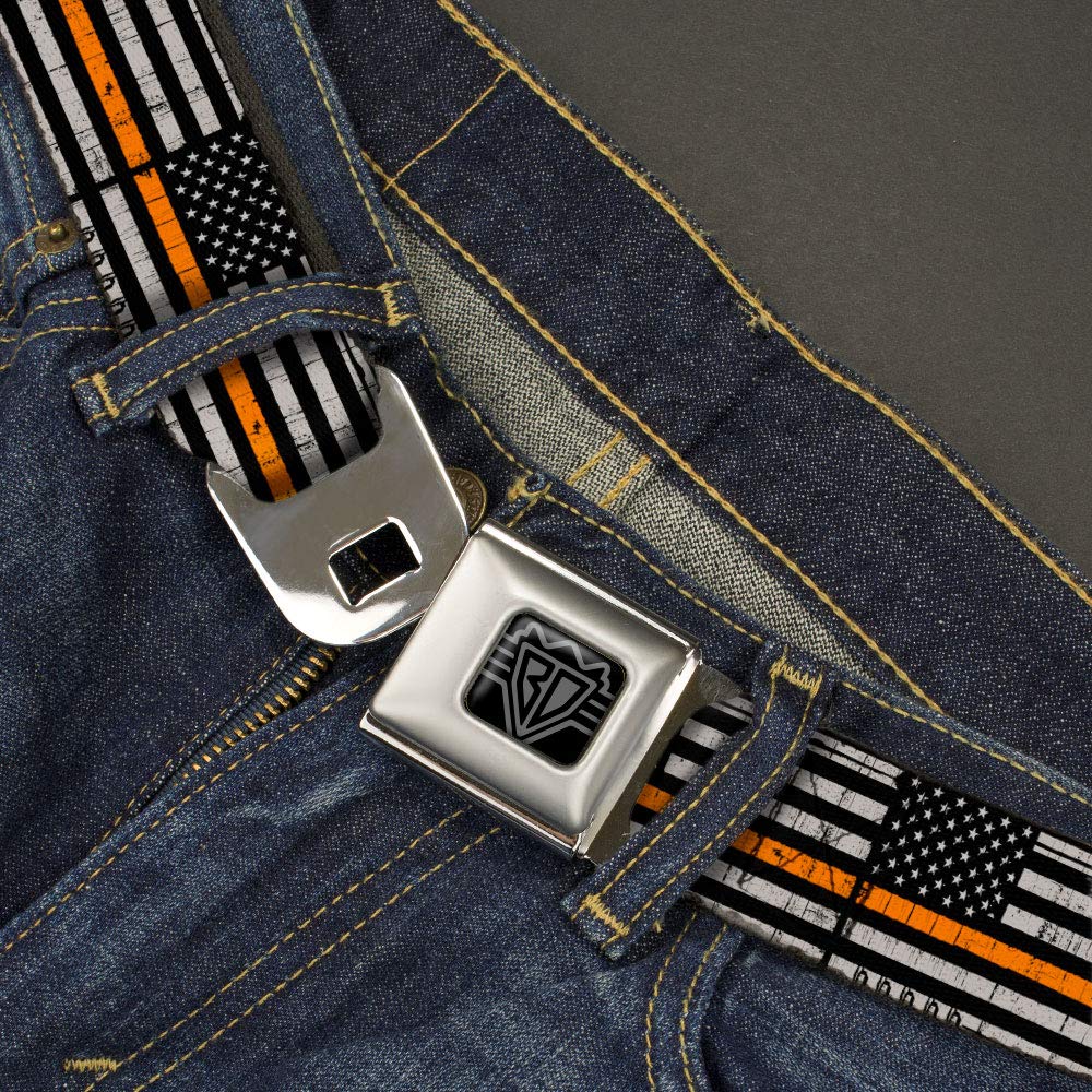 Buckle-Down Belt, Seatbelt Buckle Belt, Thin Orange Line Flag Weathered Black Gray Orange, Youth 20 to 36 Inches