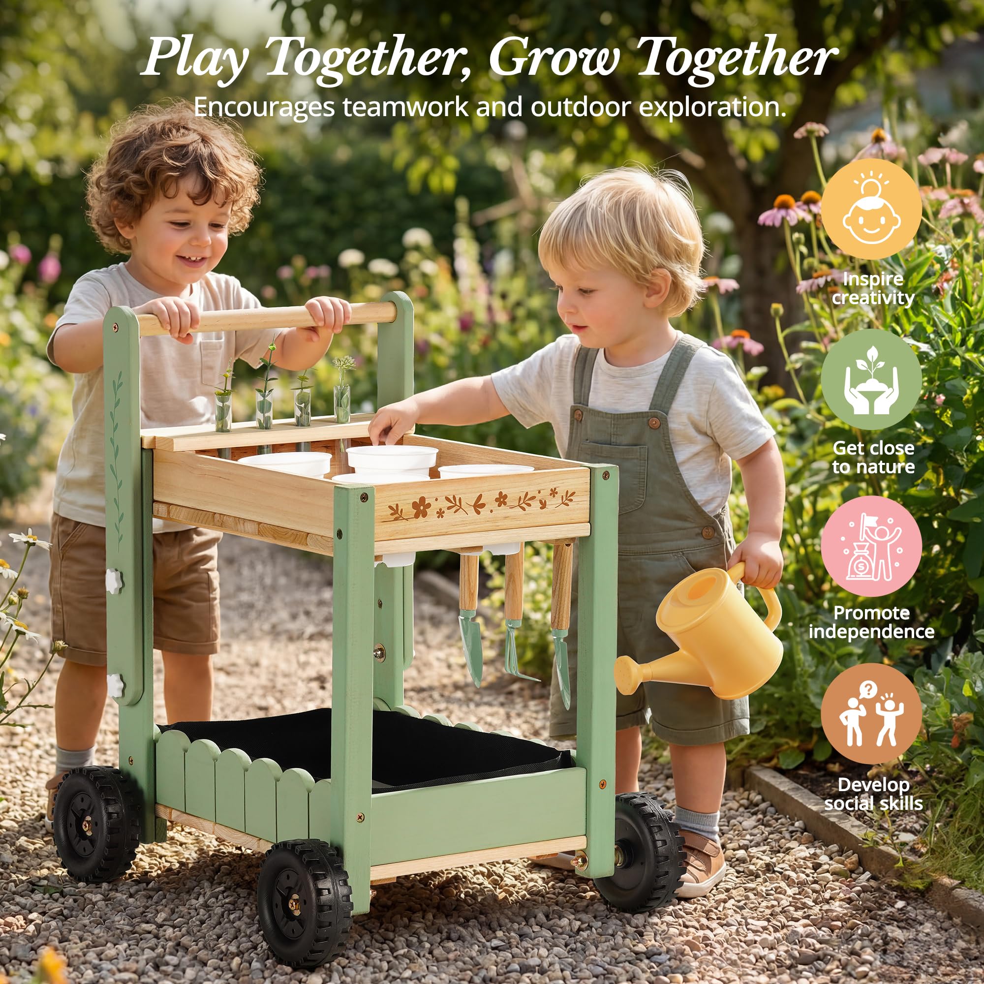 ROBOTIME Carrello da giardino in legno per bambini, con 4 bicchieri e 4 provette idroponiche, annaffiatoio, 3 attrezzi da giardino, etichette per piante e schede di registro per piante, a partire dai