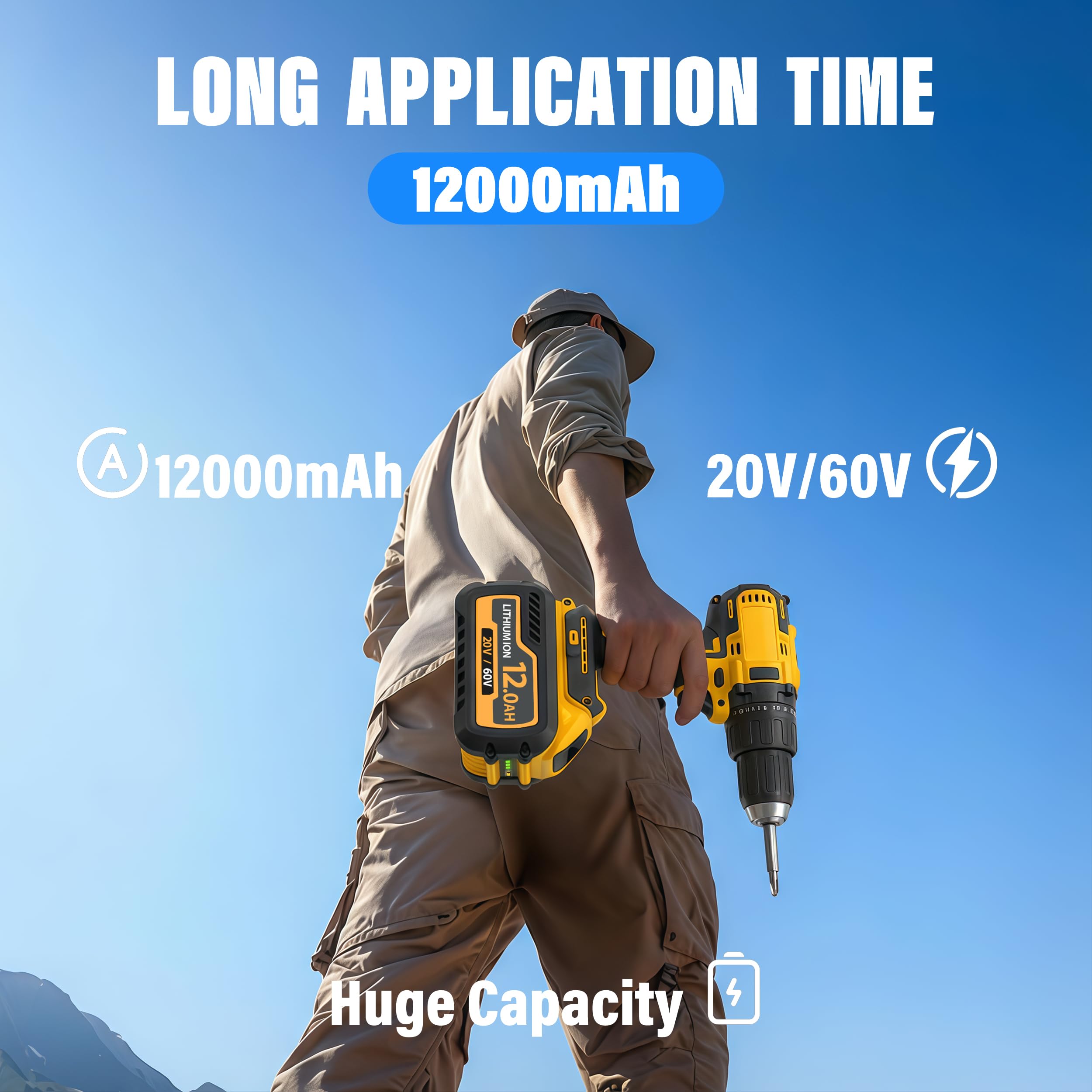 Upgraded 2-Packs 12000mAh High Capacity Replacement for Dewalt 20V 60V Max Battery Compatible with DCB606 DCB609 DCB612 DCB200 — view 2