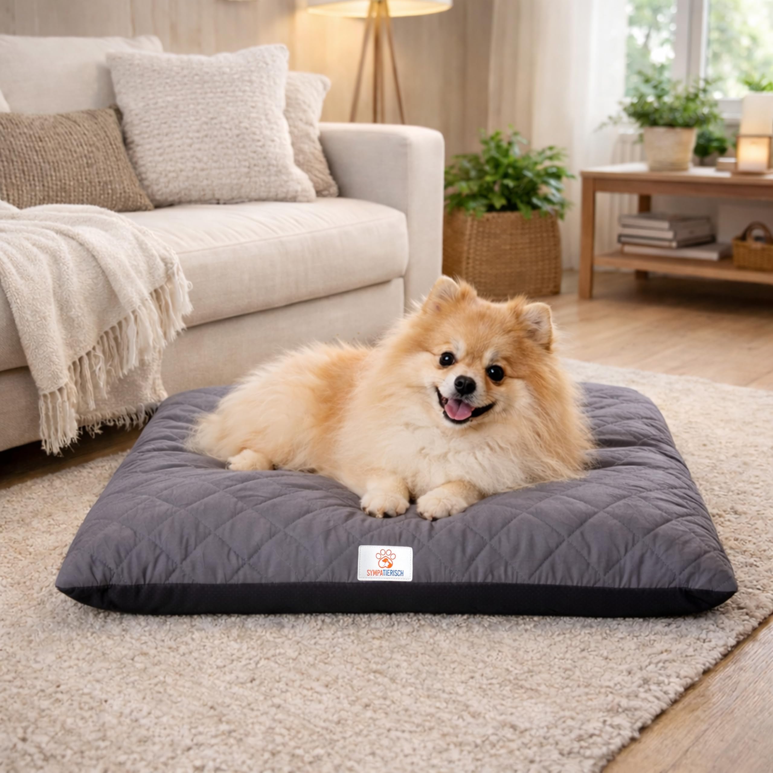SympaTierisch Hundebett waschbar & wasserdicht – Hundematte/Hundekissen für große & mittelgroße Hunde – rutschfest, extra gepolstert, atmungsaktiv – grau | 60x50x8 cm