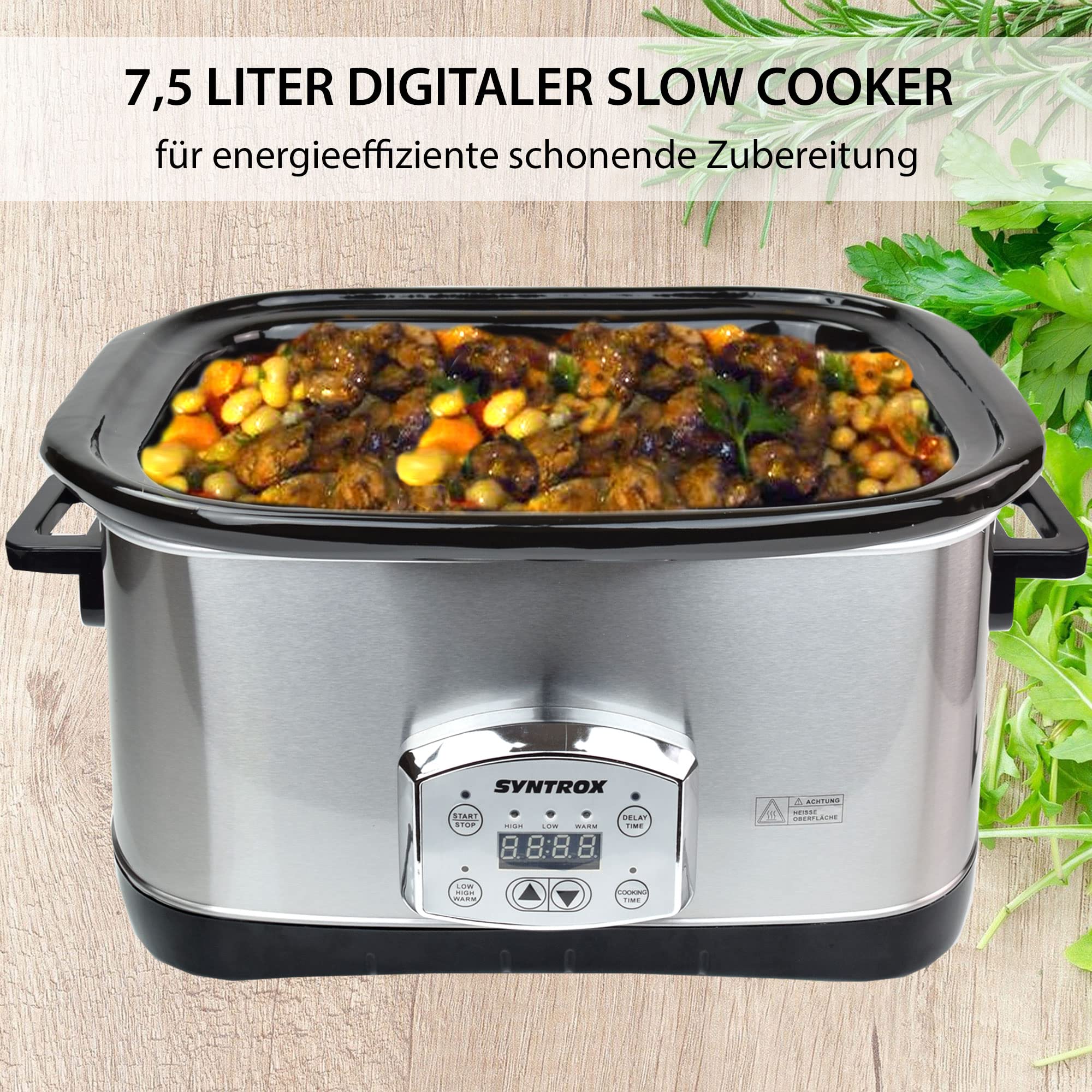 Syntrox Germany Digitaler Slow Cooker Schongarer 7,5L mit 3 Heizstufen, Timer und Warmhaltefunktion - Leistung 320 Watt