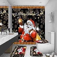 Vista 6 de Peryiter - Juego de cortinas de ducha de Navidad, Papá Noel negro, con tapetes antideslizantes, cubierta para tapa de inodoro, tapete de baño y 12