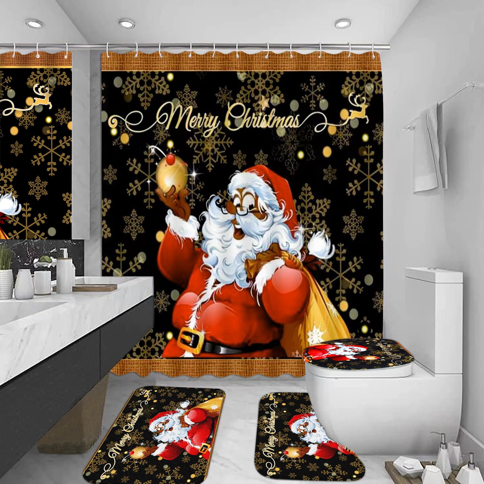 Peryiter Juego de cortinas de ducha de Papá Noel negro con alfombras antideslizantes, cubierta de tapa de inodoro, alfombrilla de baño y 12 ganchos, decoración de baño de Navidad, impermeable, cortina