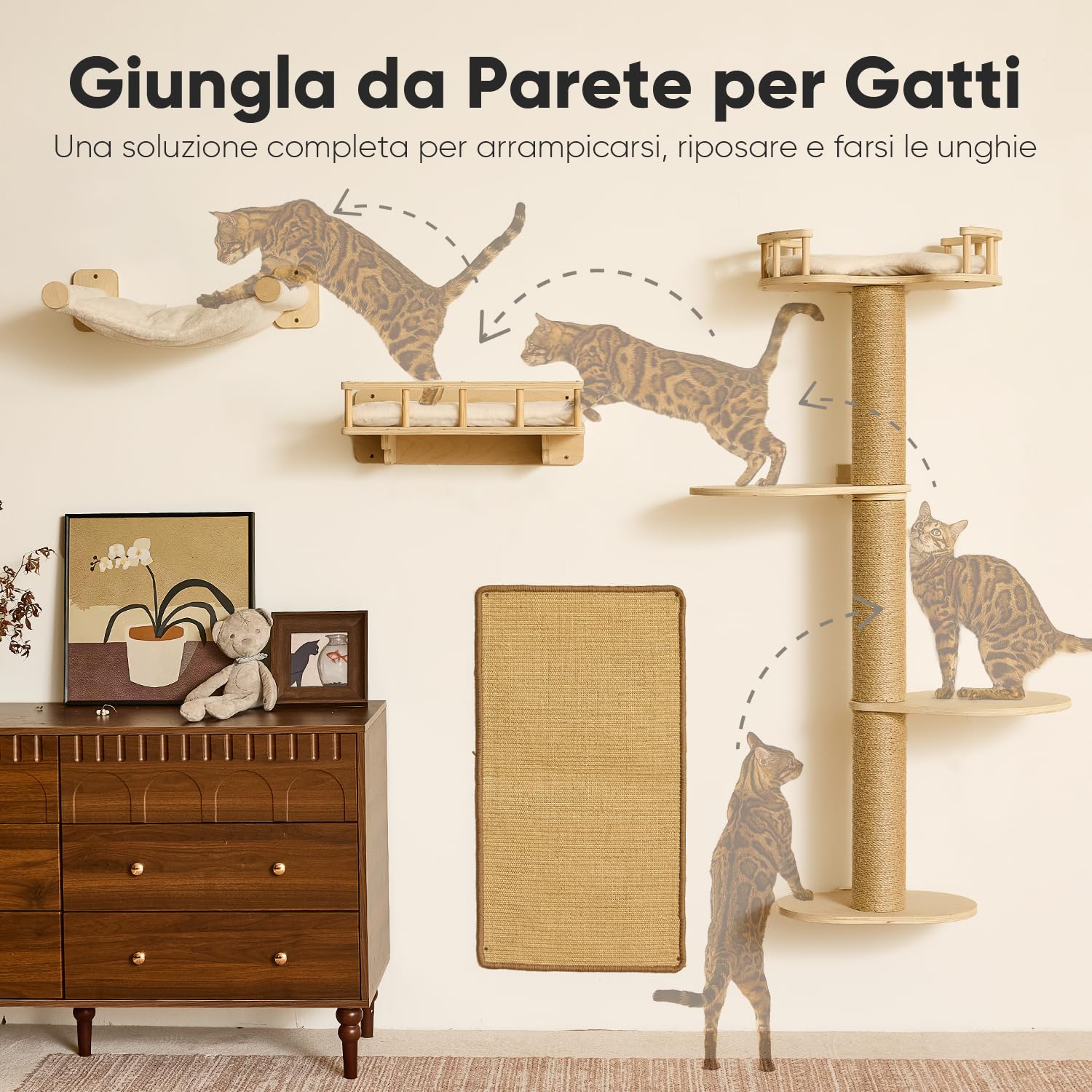 FUKUMARU Mensole per Gatti, Set di Mobili Montati a Parete in Legno Stabile da 4 Pezzi, Parete di Arrampicata con Tiragraffi, Amaca, Letto,Tappetino - Ideale per il Gioco e il Riposo dei Gatti (Beige)