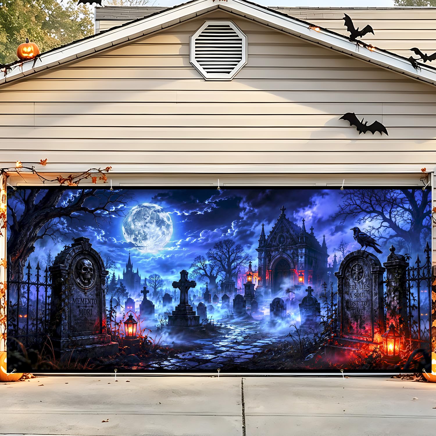 Halloween Garage Door Decorations 7 x 16 ft, Gothic Chapel Cover