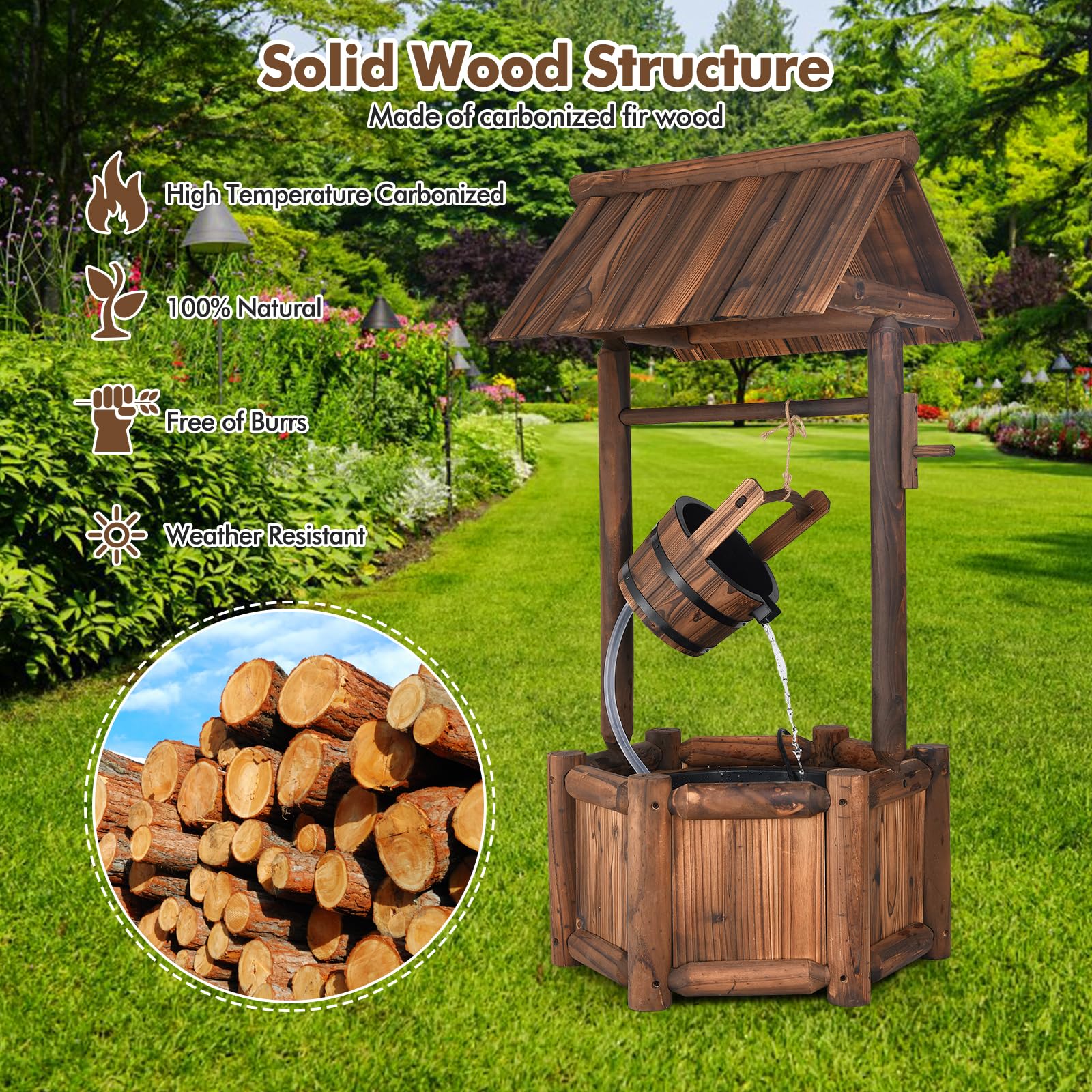 SOARS Fontaine Exterieure de Jardin 58 X 58 X 114 CM, Puit Decoration Jardin en Bois de Sapin avec Toit pour l'Extérieur, Seau Réglable en Hauteur, pour Cour, Pelouse, Jardin (58 X 58 X 114 CM)