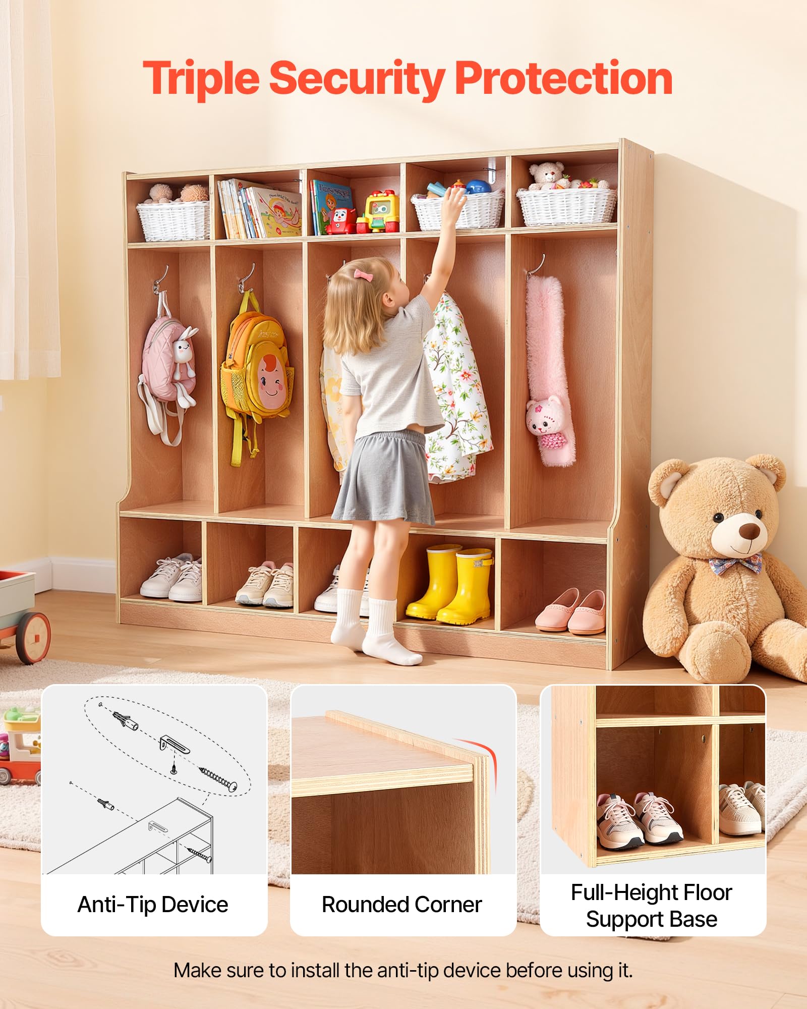 VEVOR Vestiaire 5 Enfants Ouvert, Penderie pour Enfants en Bois, Rangement pour Crèche Maternelle Garderie Maison, Meuble d'accueil Scolaire avec Casiers à Manteaux, à Chaussures et Cases Supérieures