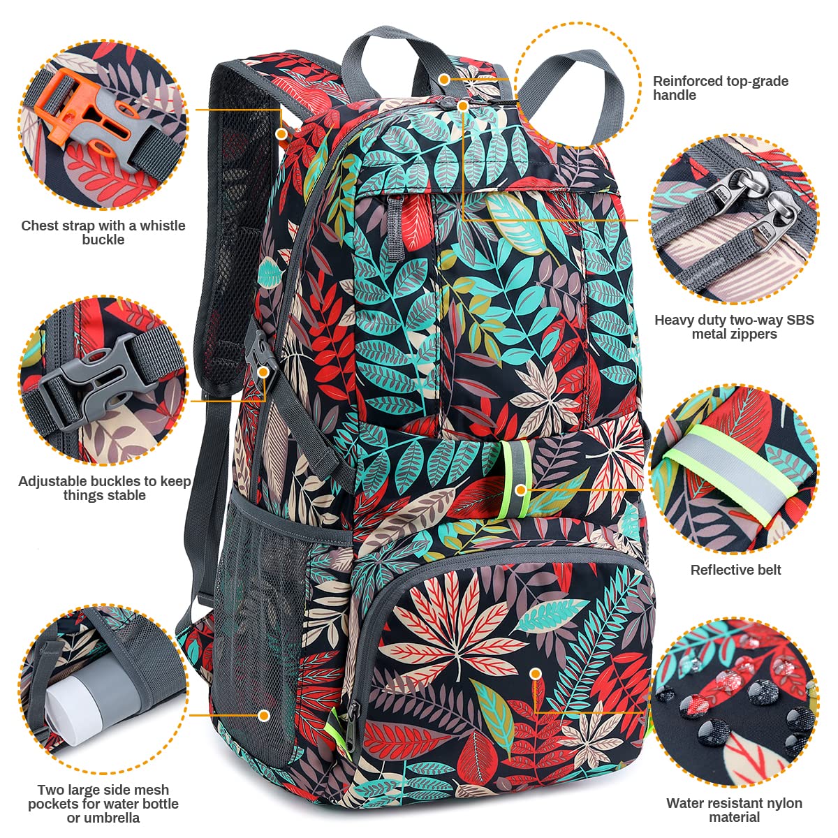 Plecak do spakowania, 35 l, ultralekki, składany plecak dla mężczyzn i kobiet, wodoodporny plecak turystyczny, bezpieczny, odblaskowy design, plecak do chodzenia, na zewnątrz, kemping,