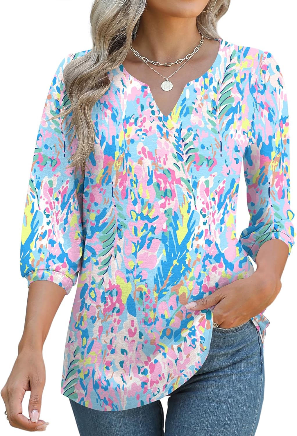 LUYAA 3/4 Length Sleeve Womens Tops Dressy Casual V-Neck Puff Sleeve Blouses Business Work Tunic Shirt S-XXL - Image 4