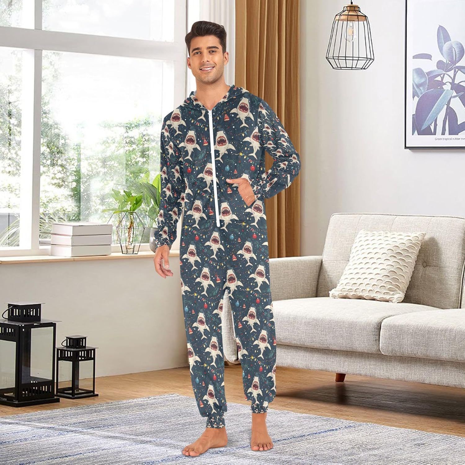 ALAZA Shark Merry Christmas Unisex Onesie Hoody Pajamas Jumpsuit One-Piece Sleepwear for Men Women