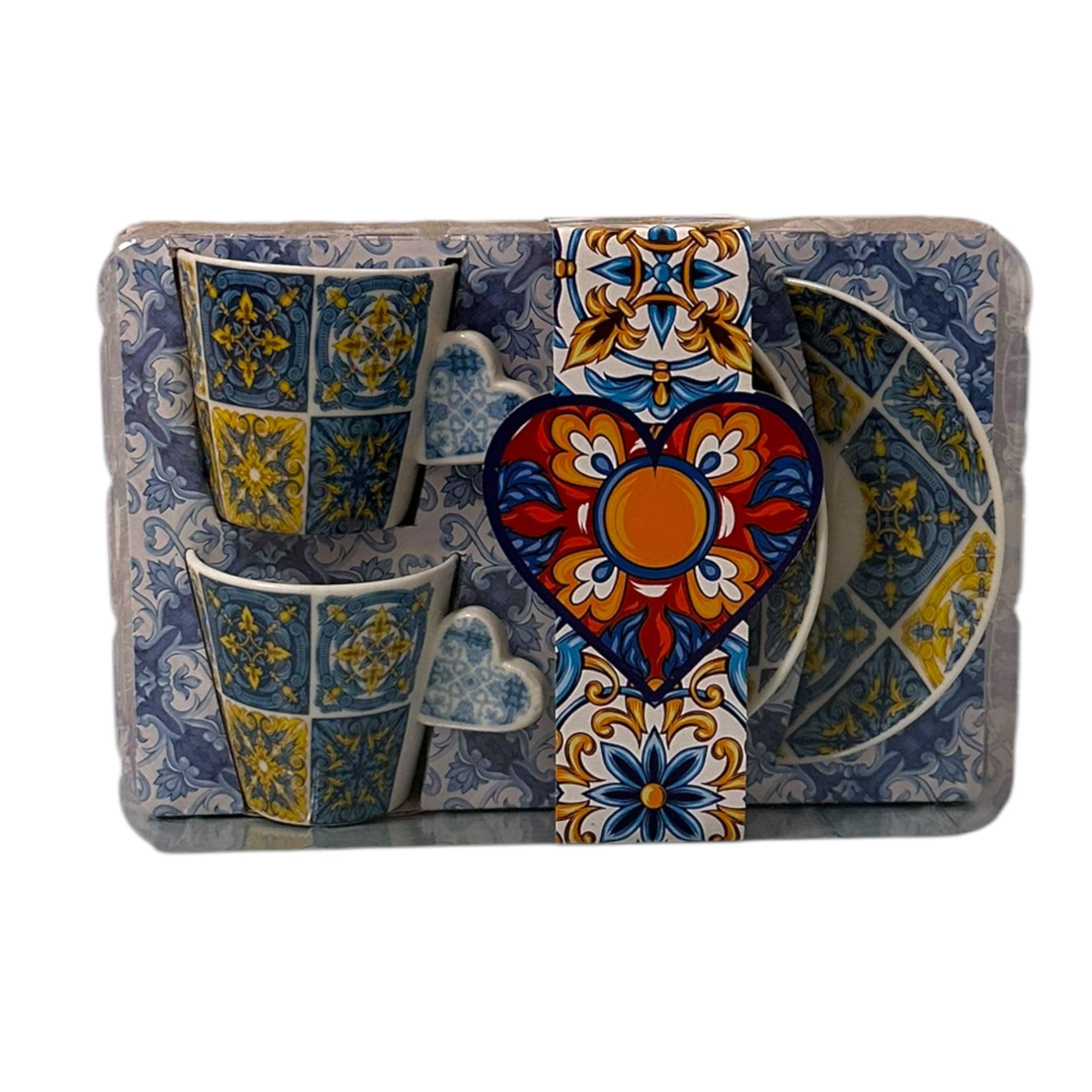 Portugal Azulejos handbemaltes Espresso-Set mit 2 Tassen, Keramik, Tee, Kaffee, Espressotassen, inklusive Geschenkbox, portugiesische Keramik, schönes Geschenk aus Portugal (gelbes & blaues Herz)