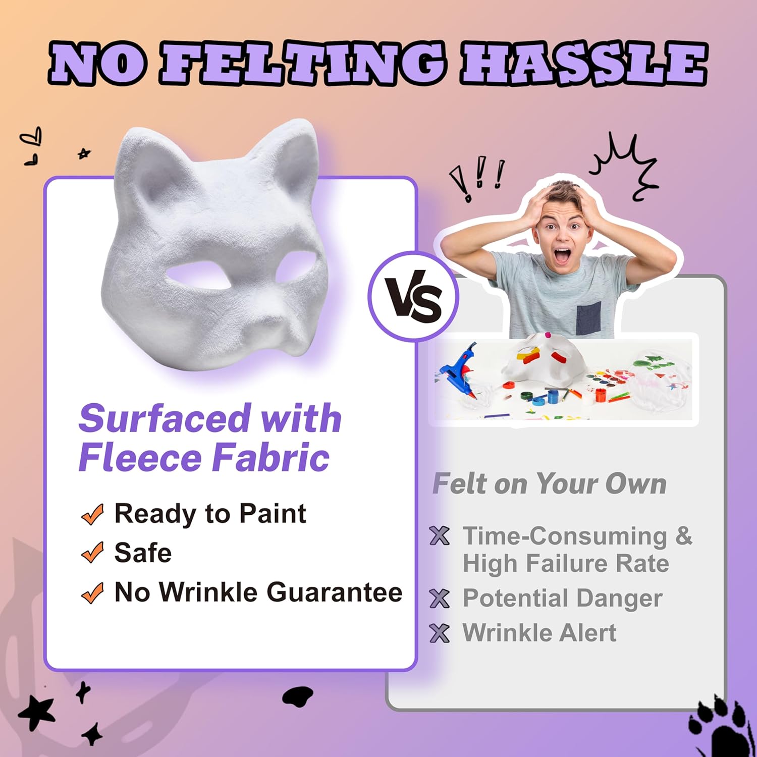 Pre Felted Therian Cat Mask Kit - Set of 2 With Fleeced Bases, Faux Fur, Eye Mesh - Felted for You, Skip the Messy Work - Premium All-in-One Therian Kit