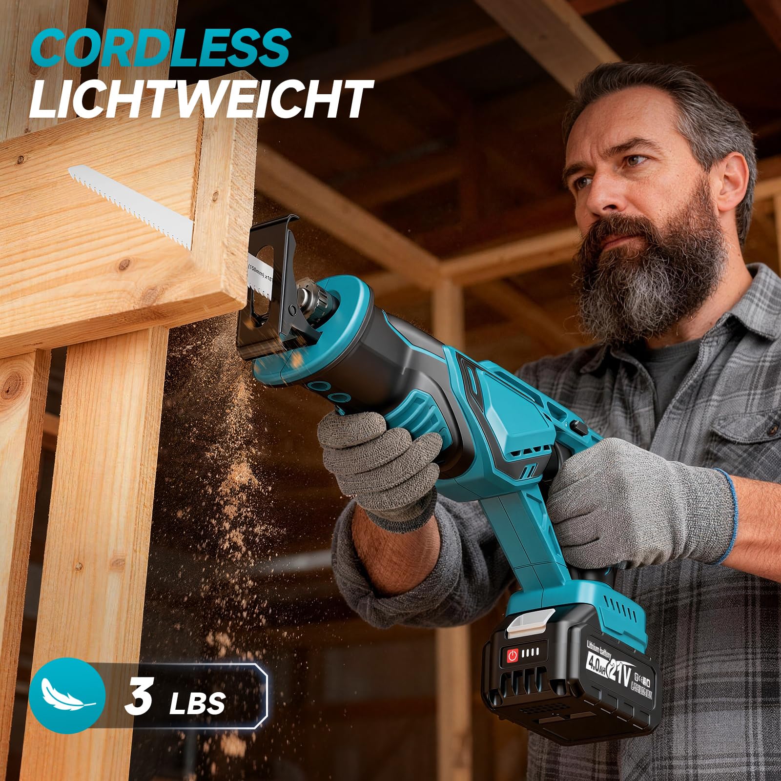 Säbelsäge Akku 21V, 3500 SPM Bürstenlosem Motor, Akku Säbelsäge mit 2x 4.0Ah Akku und Ladegerät & 8 Sägeblätter zum Schneiden von PVC, Holz, Metall