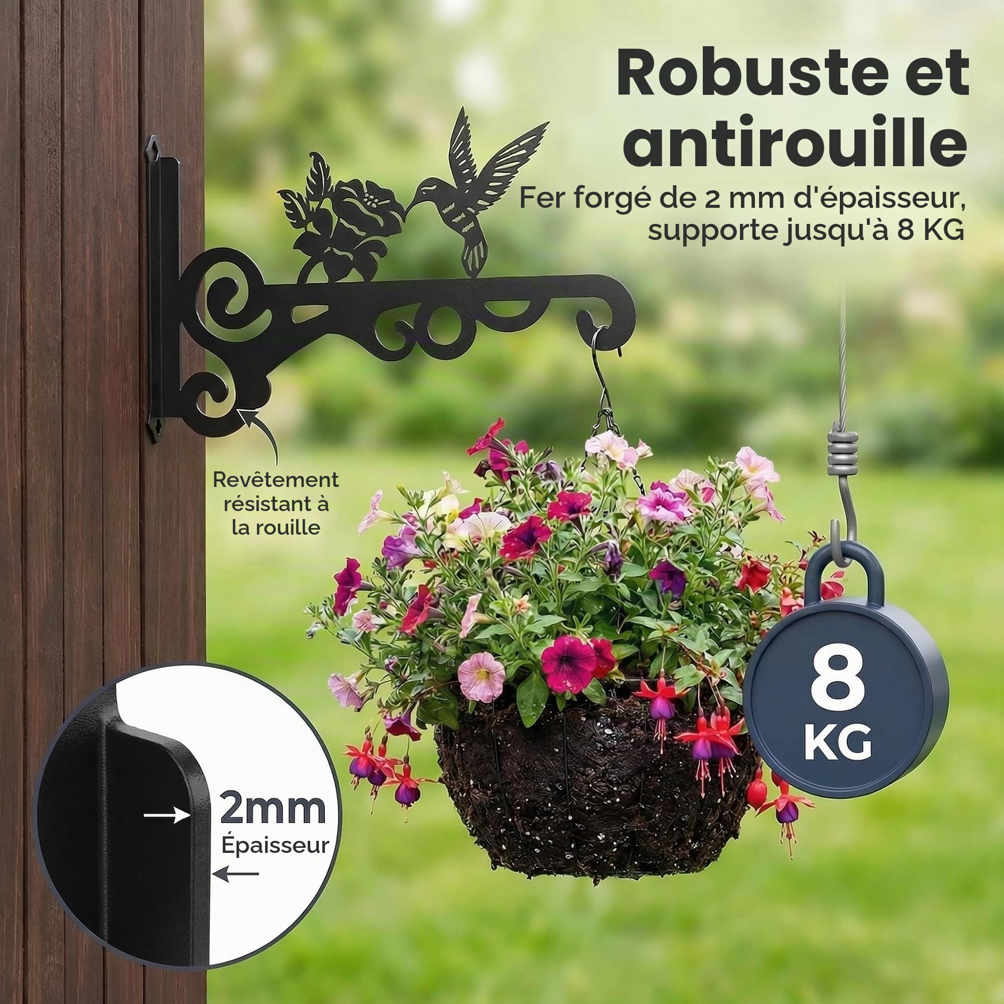 LATERN 4 Pièces Supports pour Panier Suspendu, 25CM x 15CM Colibri Crochet Mural en Métal pour Panier Suspendu Extérieur avec Vis pour Mangeoire à Oiseaux, Lanterne, Carillon, Jardinière, Pot de Fleur