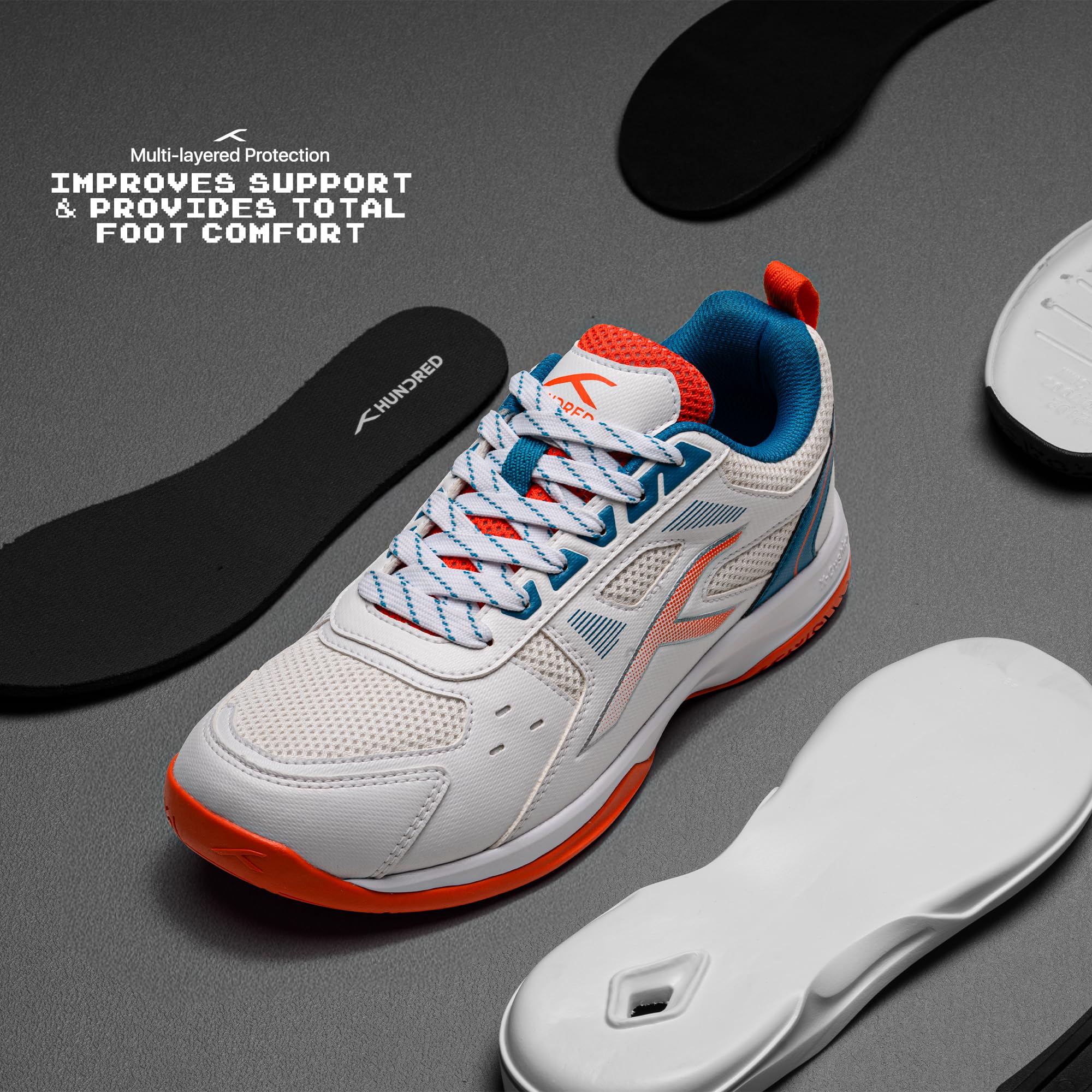 Hundred Raze Badminton Shoes (Non Marking) | Also Perfect for Squash, Table Tennis, & Indoor Sports | Lightweight & Durable | X-Cushion, Active Grip Sole (White/Orange/Deep Sea Blue ; 10 UK)