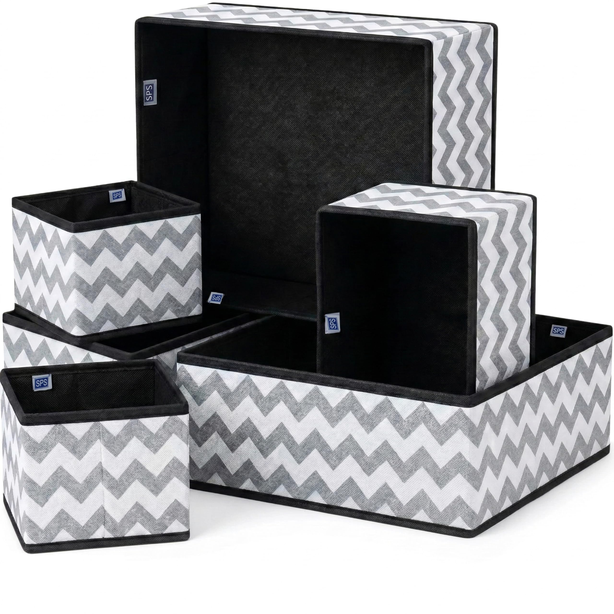 Skrill 6-Piece Foldable Cloth Storage Box Set | Odourless Cube Baskets, Bins & Dividers for Closet & Dresser Drawer Organization | Storage for Shirts, Pants, Underwear, Bras, Socks (Zigzag Waves Grey)