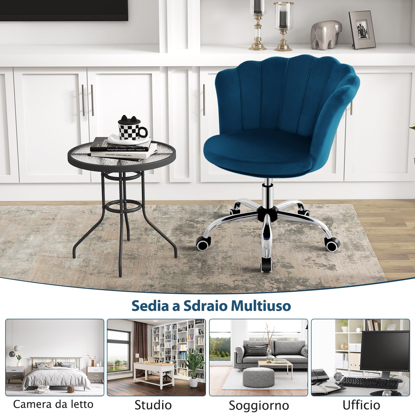 Sedia da ufficio in velluto olandese, Sedia girevole regolabile in altezza con 5 ruote schienale ergonomico Grigio
