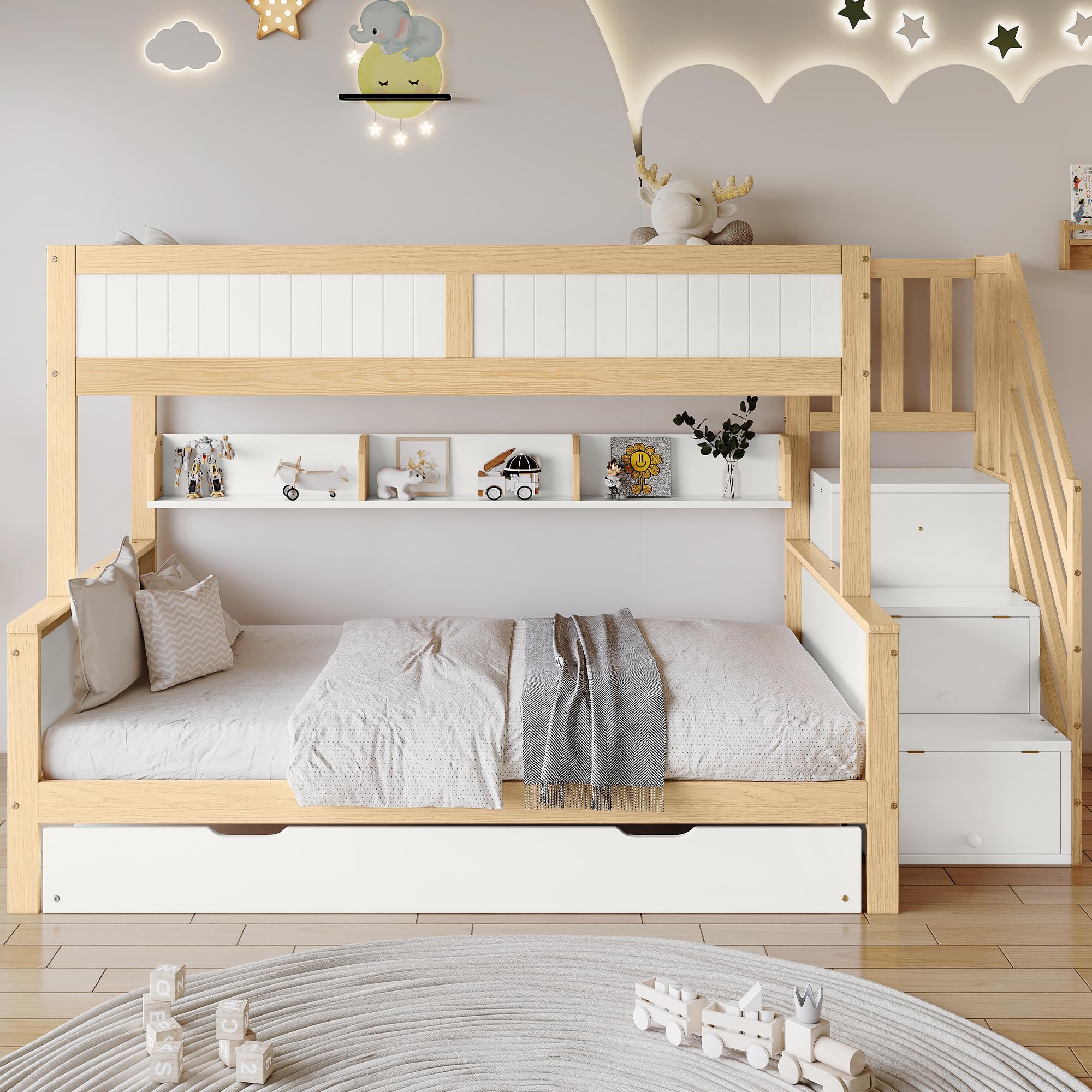 Idemon Lettino a castello, con protezione anticaduta e griglia, progettato con tre posizioni, con letto a rotelle, con armadio, scala angolare, pino+MDF, bianco+naturale, 90 x 200 x 200 x 200 x 200 cm