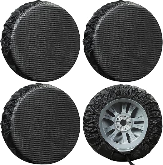 Tire Covers 4 Pack, Tire Wheel Protector for Truck, SUV, Trailer, Camper, RV, Carbon Fiber Spare Tire Cover Sun Rain Snow Protector, Universal Fits Tire Diameters 36-39 inches, Black