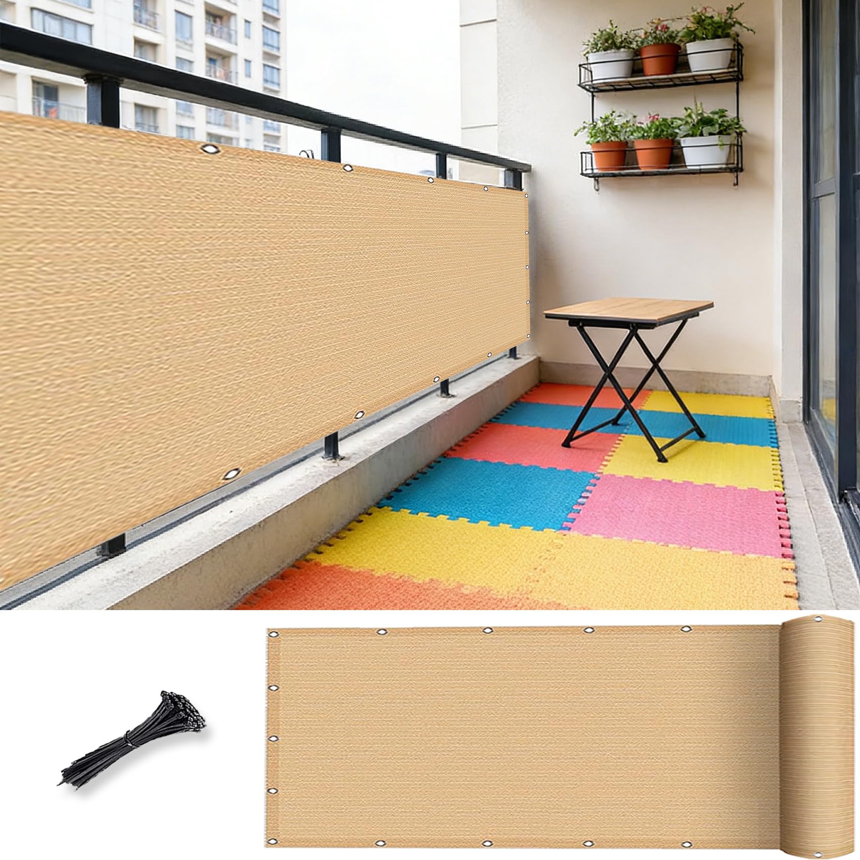 Osłona Balkonowa 195 x 700 cm HDPE 220 G M² Bez Wiercenia, Nieprzejrzysta, Odporna Na Uv, Odporna Na Rozdarcie, Ochrona Przed Spojrzeniami Z Oczkami I Linką Do Podwórka, Piaskowy żółty