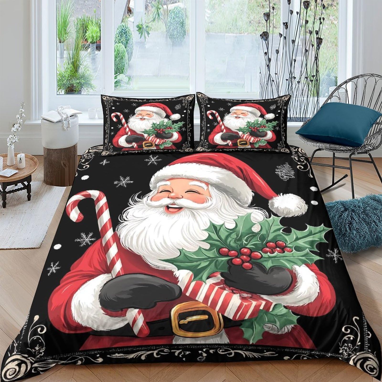 GPLZQXKJNH 3D Printed Christmas Santa Duvet Cover Black Microfiber Soft Breathable Snowflake Quilt Cover Set with 2 Pillowcases for Bedroom Decor Single（135x200cm）