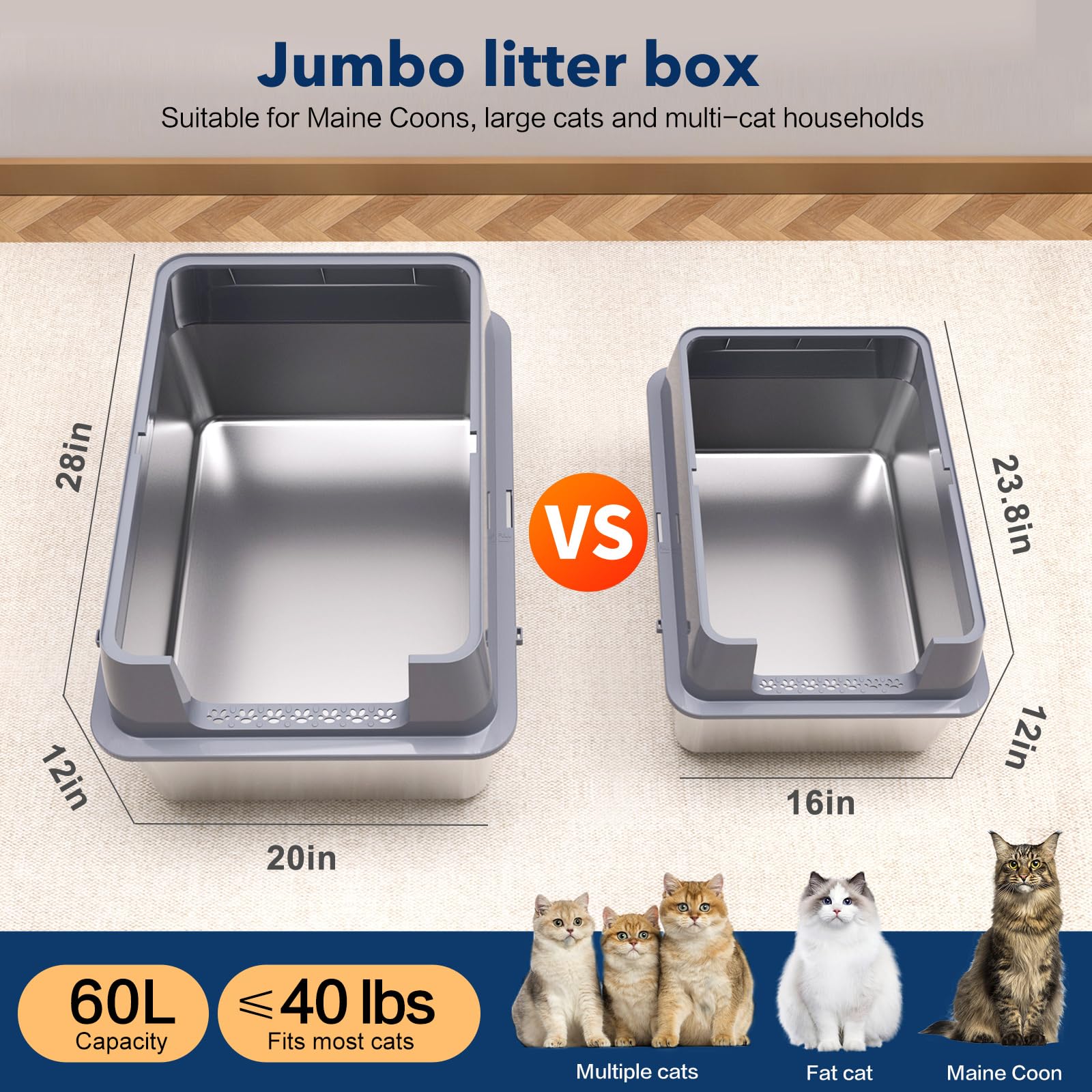 Katzentoilette aus Edelstahl mit Deckel, 71,1 cm L x 50,8 cm B, XXL extra große Katzentoilette, Metall-Klo mit hohen Seiten für große Katzen und mehrere Katzen, nimmt Keine Gerüche auf