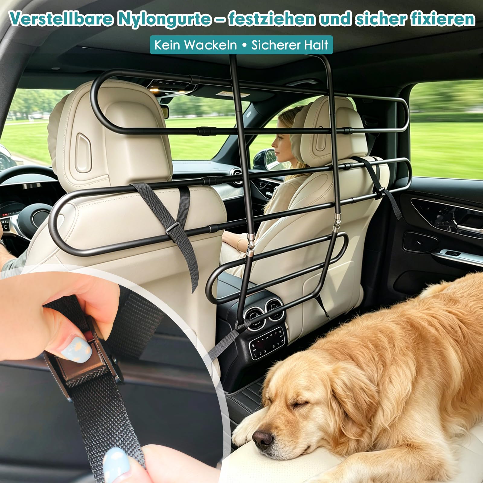 Snagle Paw Universial Hundegitter Auto Kofferraum Verstellbar 103–148 cm, Trenngitter Auto Hund für Rücksitz & Laderaum, Anti-Wackel System mit Nylon-Gurten, Metall Auto Hundegitter für SUV, Van & PKW