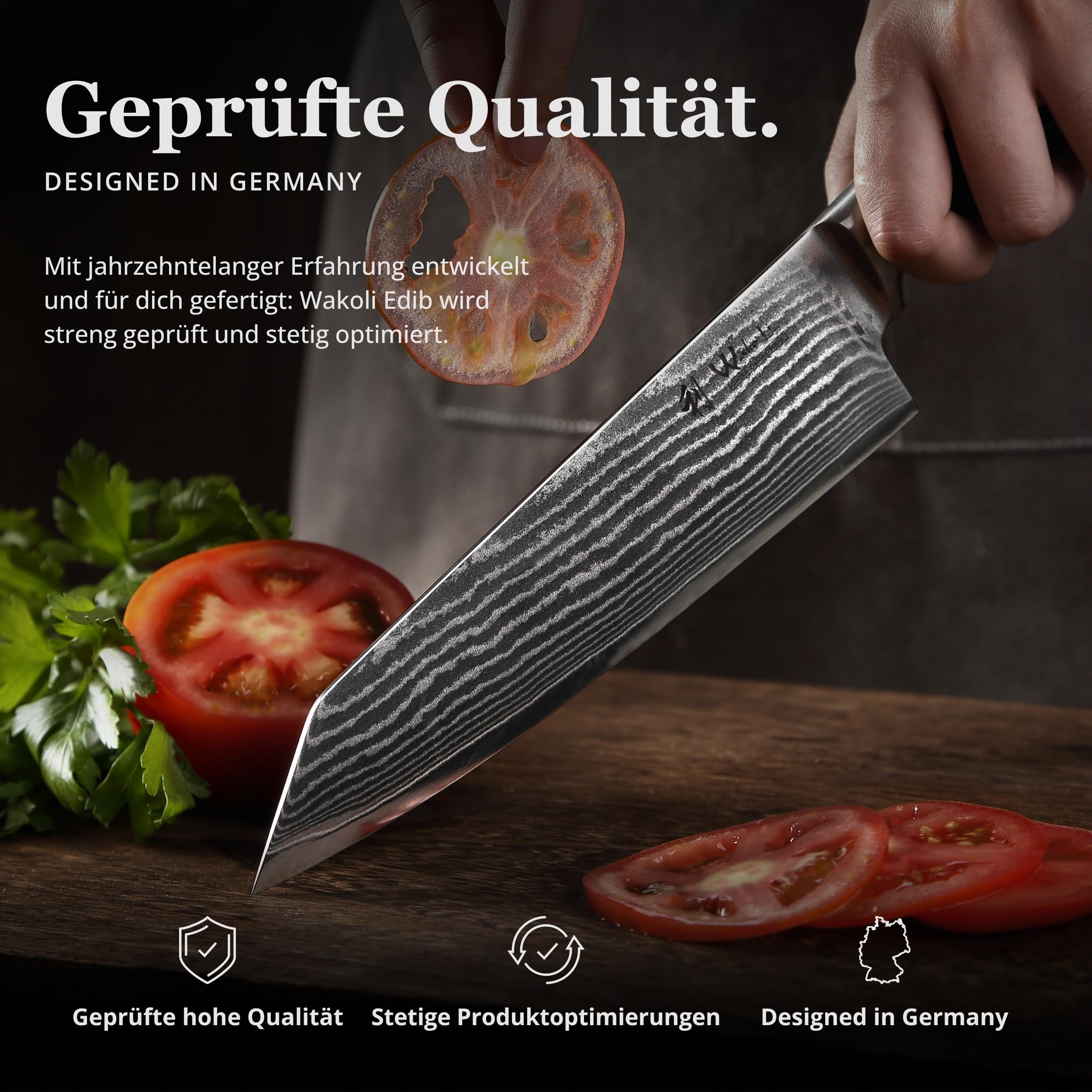 Wakoli EDIB Kiritsuke Messer mit 20 cm Klinge aus Damaststahl mit VG10 Kern | 67 Lagen, 60 ± 2 HRC, 33 cm Gesamtlänge, Pakkaholzgriff und Geschenkbox; beidseitiger V-Schliff für Fleisch, Fisch und Gemüse