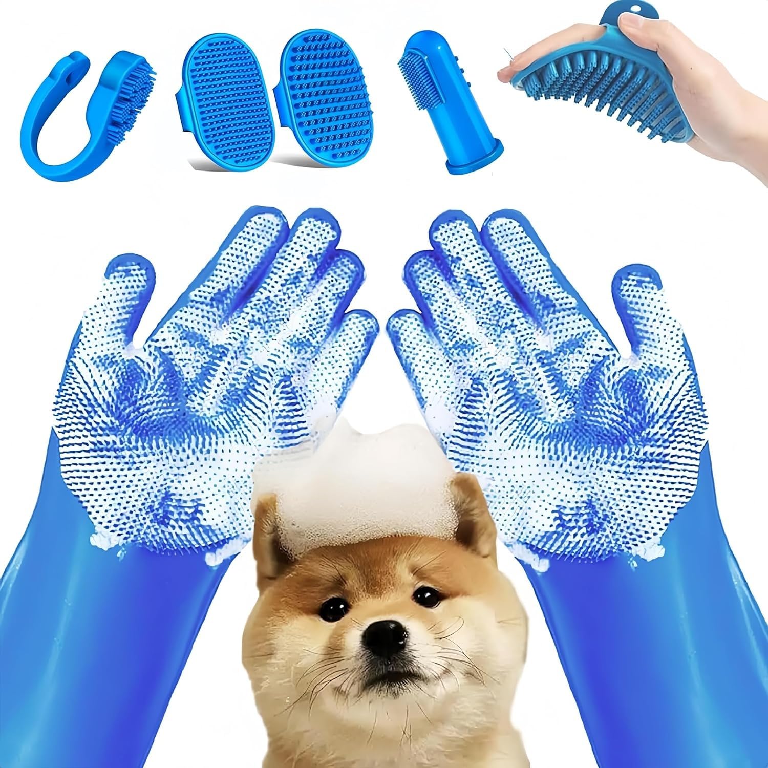 THJOPOKEEL 6 Piezas Pet Grooming Set - Dog Bath Brush + Kit de Guantes de Limpieza (Incluye Cepillo de champú + Cepillo de Dientes) - Herramienta de baño y Aseo Universal para Gatos y Perros.