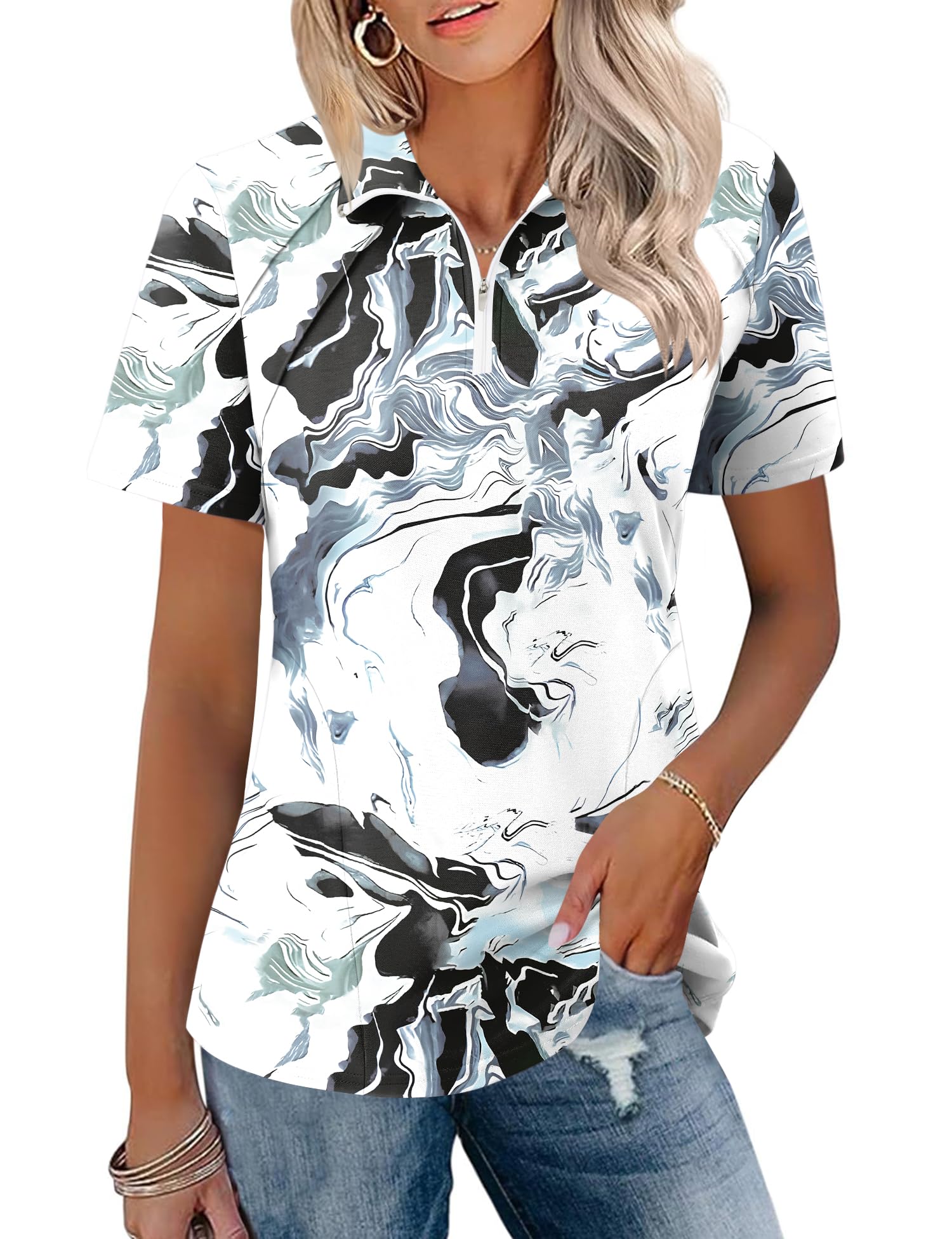 LOMON Womens Golf Polo Shirt Summer Short Sleeve Quarter Zip Outfit