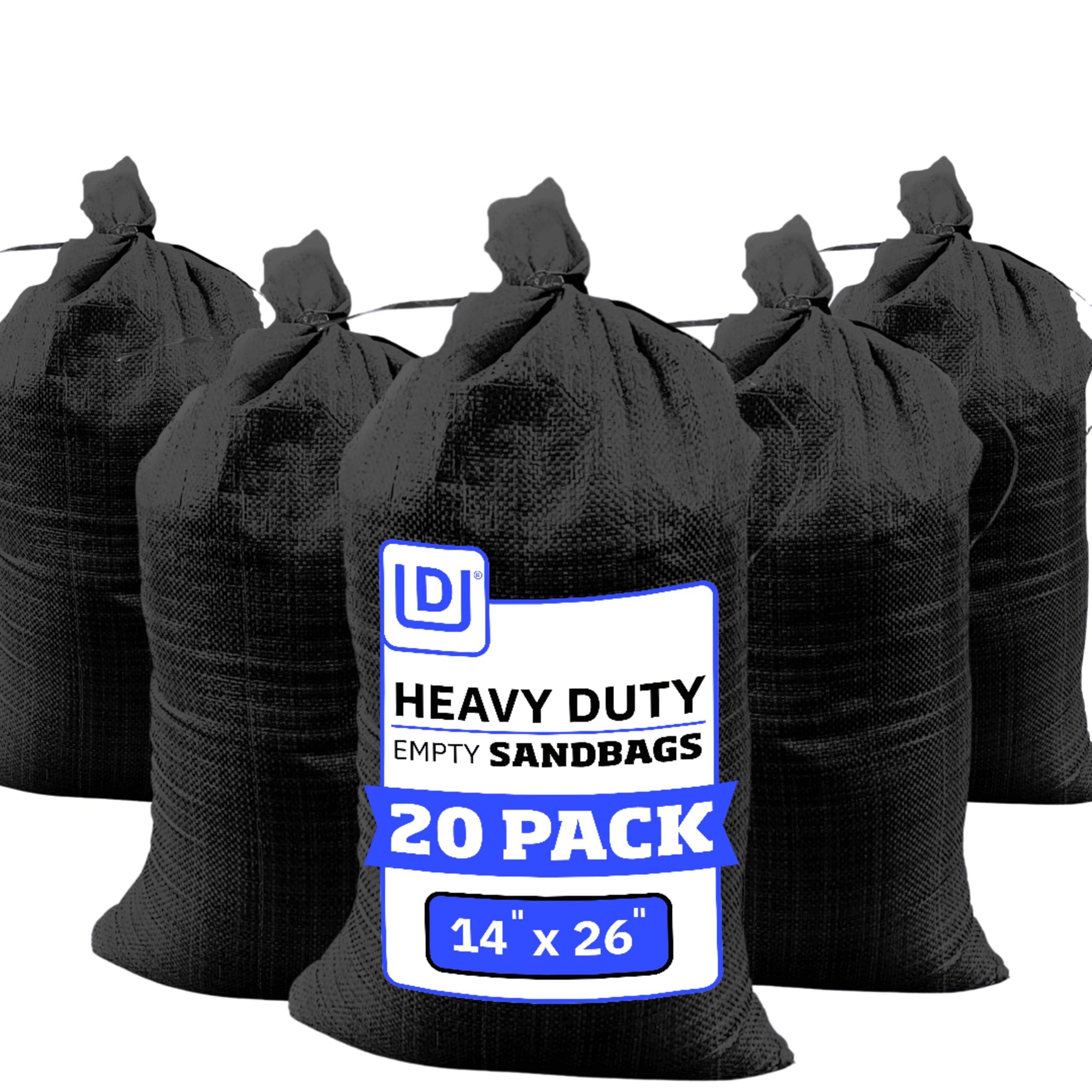 DURASACK Heavy Duty Sand Bags with Tie Strings Empty Woven Polypropylene Sand-Bags for Flood Control with 1600 Hours of UV Protection, 50 lbs Capacity, 14x26 inches, Black, Pack of 20