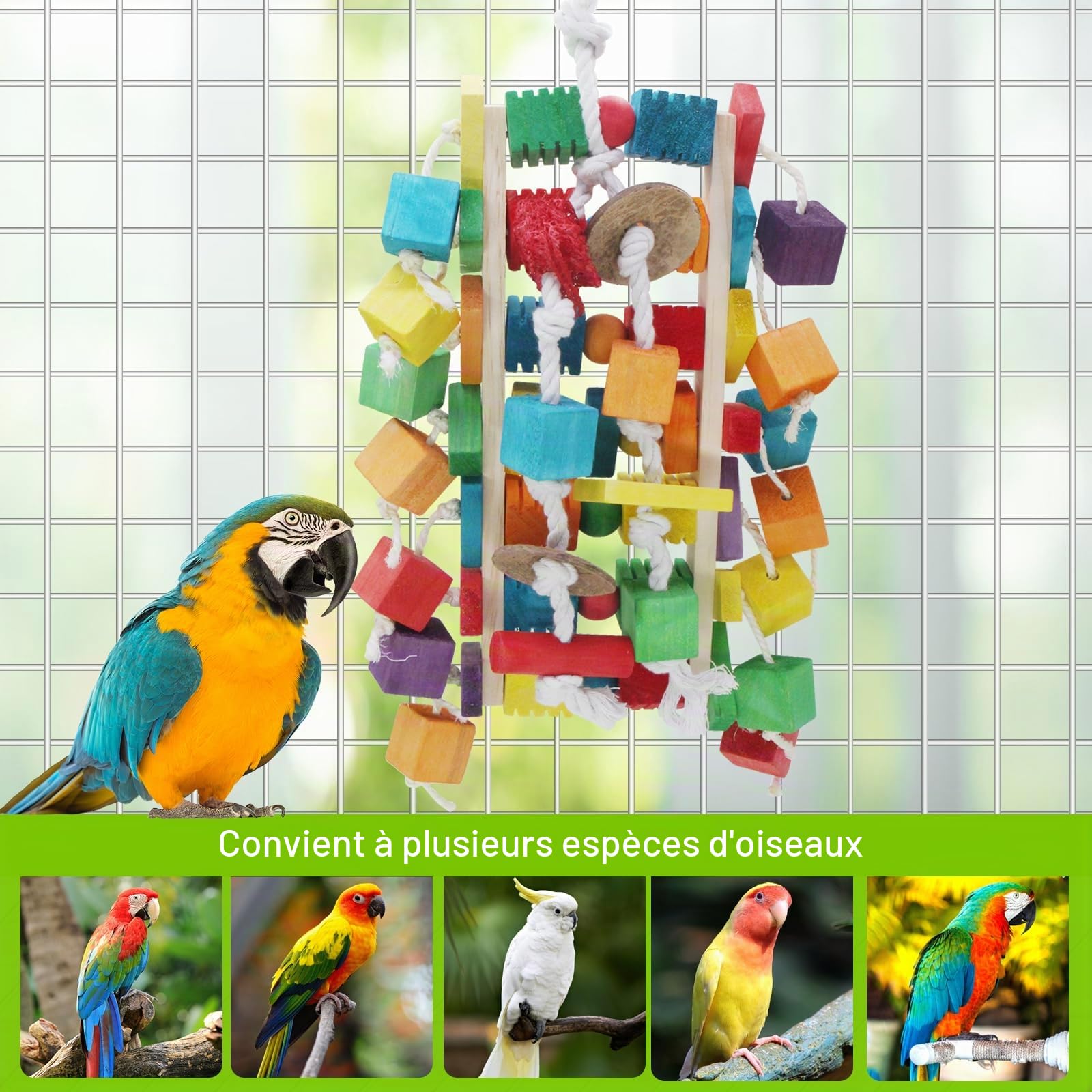 MQUPIN Grands jouets pour perroquet, blocs en bois colorés de différentes formes, 55,9 cm, jouets pour perroquets gris africains, amazons, cacatoès et aras
