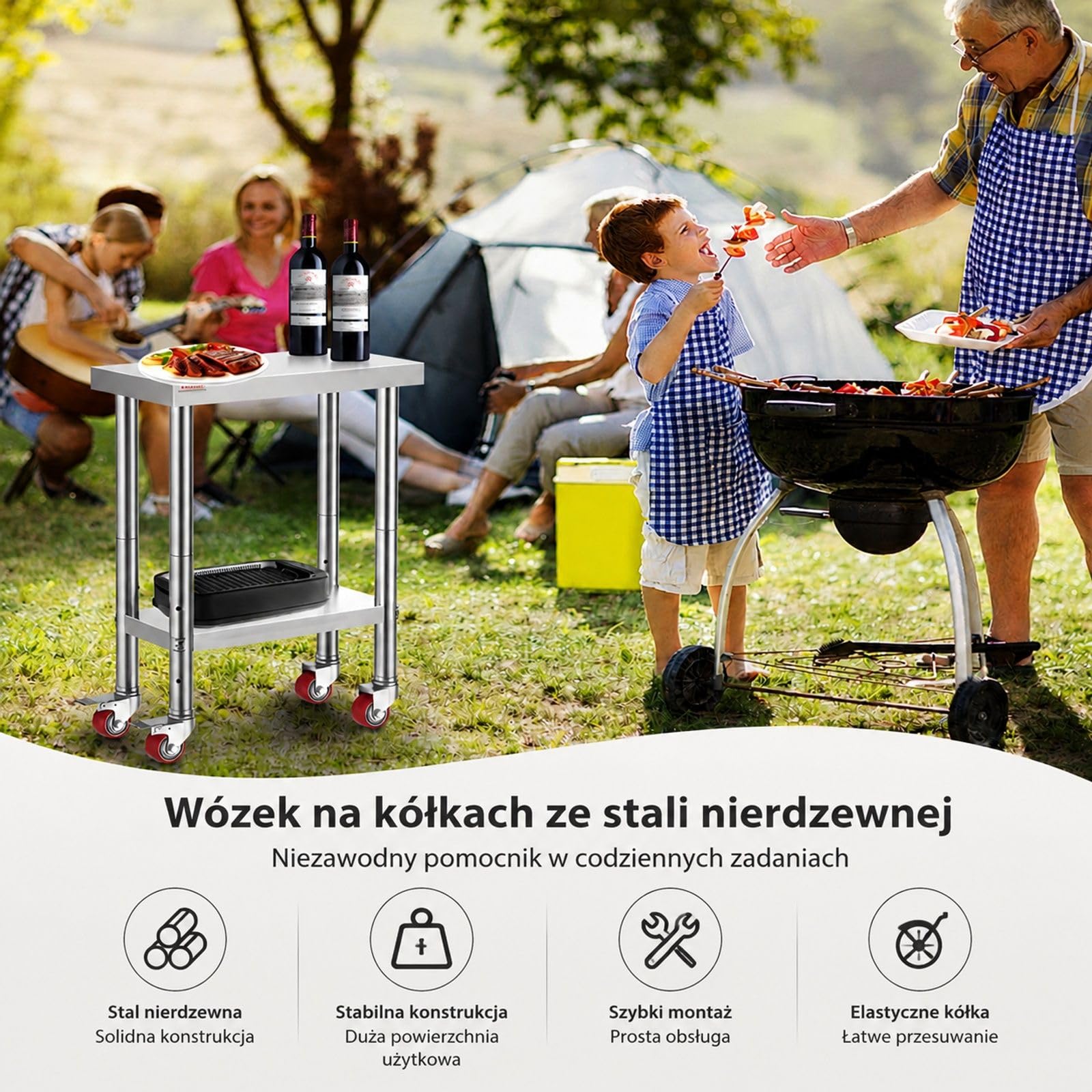 Stół roboczy ze stali nierdzewnej na 4 kółkach z regulowaną dolną półką do kuchni i warsztatu