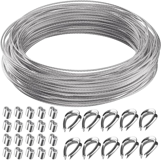 Ruesious Picture Wire, Mirror Hanging Wire, 30m Nylon Coated Heavy Duty 304 Stainless Steel Cable Rope,M2 304Stainless Steel Wire Rope Thimbles,Aluminum Crimping Loop Sleeves