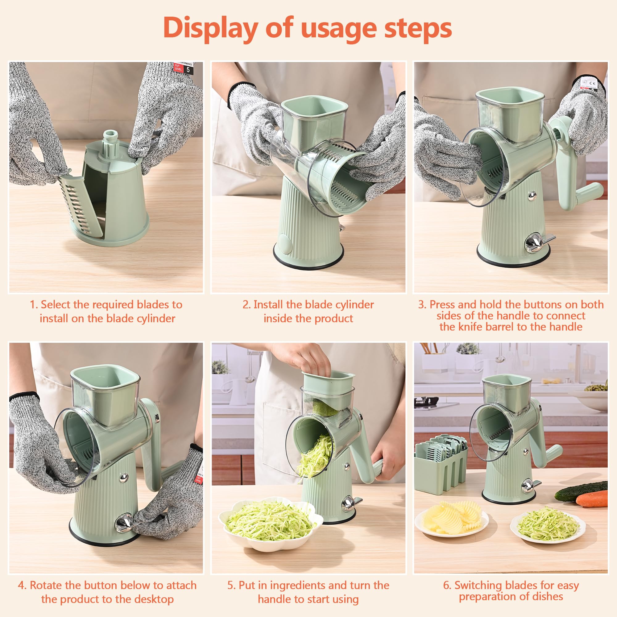 Rallador de queso 5 en 1 con manivela para encimera de cocina, rallador con mango para rotación de cocina, cortador de verduras, molinillo de nueces, triturador de queso con cepillo limpio