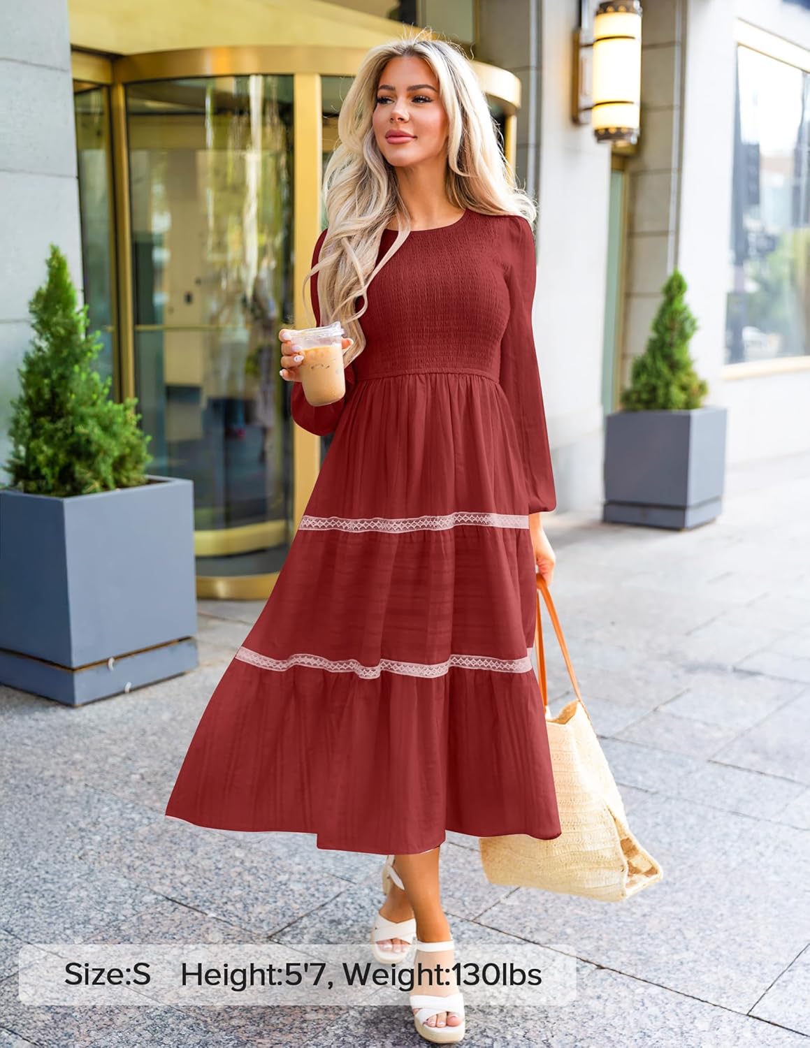 ZESICA Women's Spring Long Sleeve Maxi Dresses 2026 Casual Crewneck Smocked A Line Tiered Flowy Wedding Guest Long Dress - Image 6