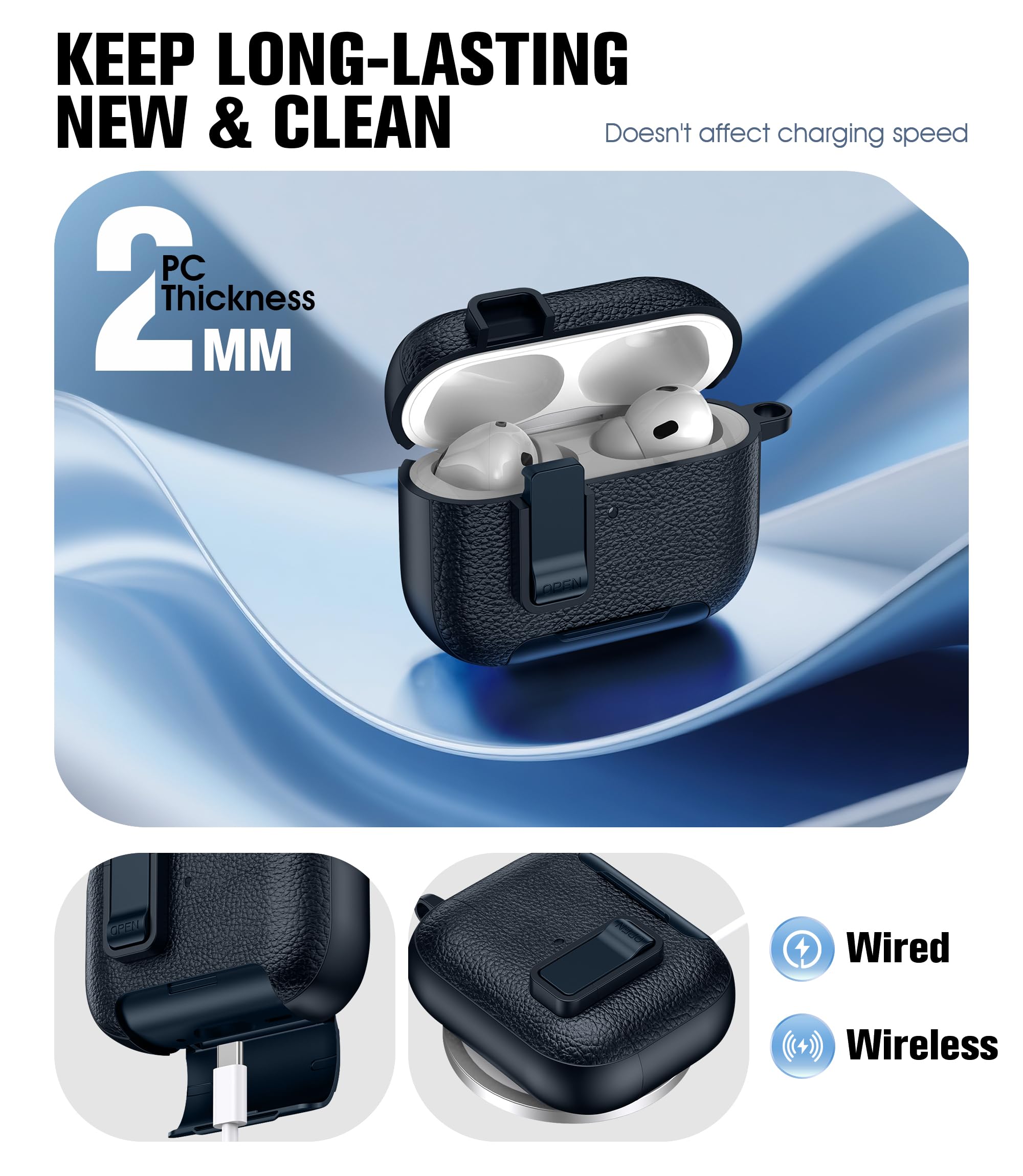 Etui do AirPods Pro 3 (2025) z zestawem do czyszczenia, miękka tekstura skóry TPU, wygodna funkcja stojaka na telefon komórkowy do AirPods Pro 3 Etui ochronne - Niebieski