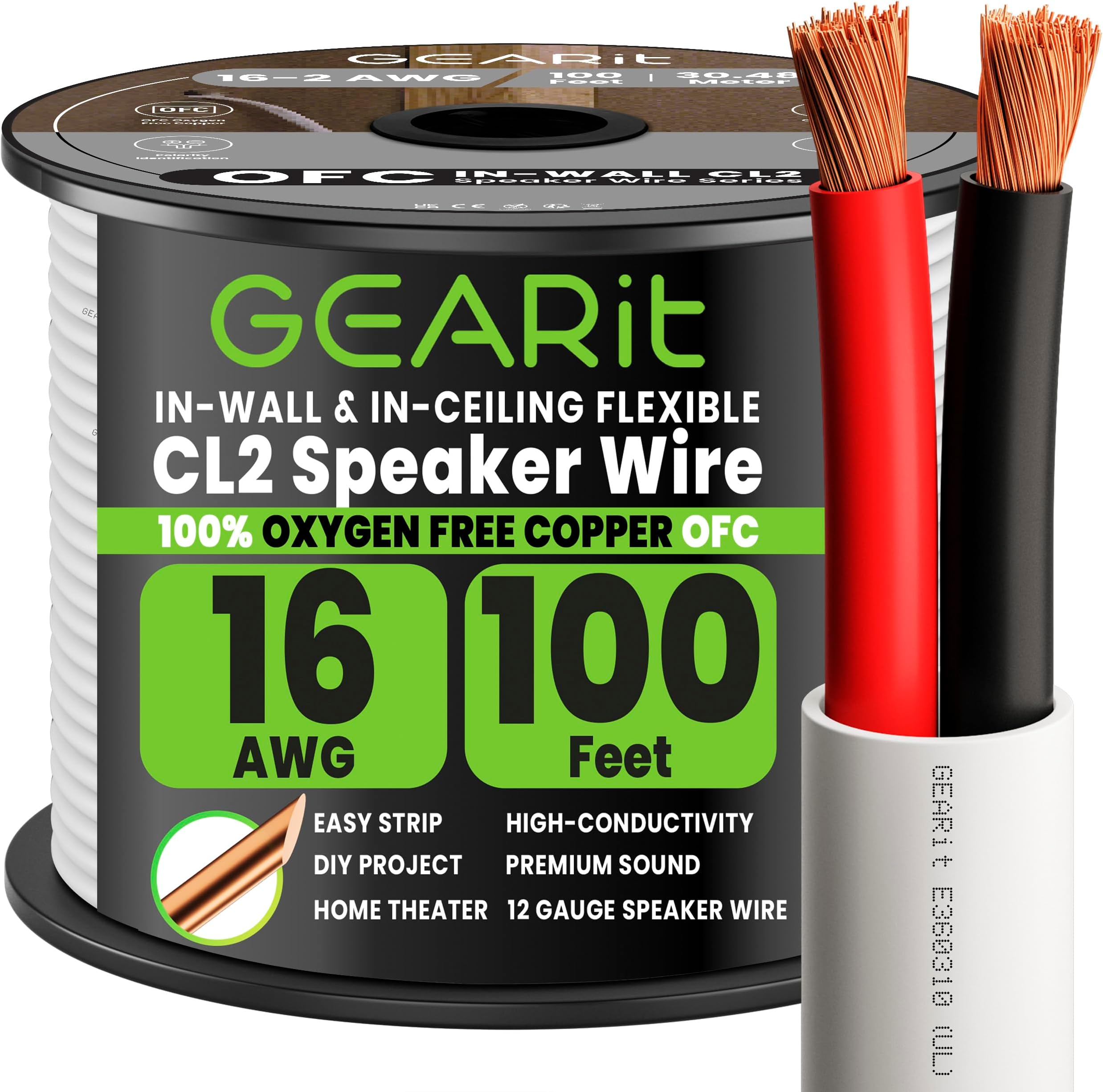 GearIT 16/2 Speaker Wire (100 Feet) 16AWG Gauge - in Wall Audio Speaker Wire Cable / CL2 Rated / 2 Conductors - OFC Oxygen-Free Copper, White 100ft