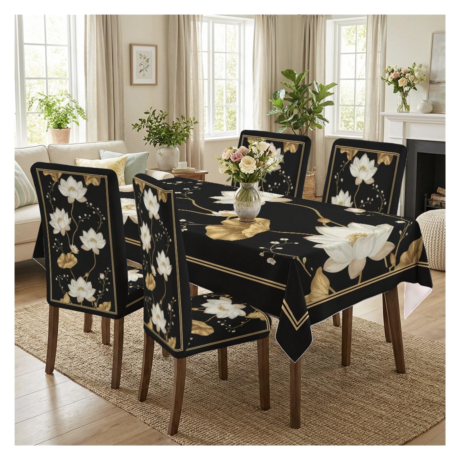 KXUAUV Stretch Dining Chair Slipcover & Tablecloth Set, Black Gold Lotus Print, 5/7 Pack, Elegant Formal Dining Room Kitchen Home Decor Party Decor(5pcs Set: Tablecloth+Chair Covers)