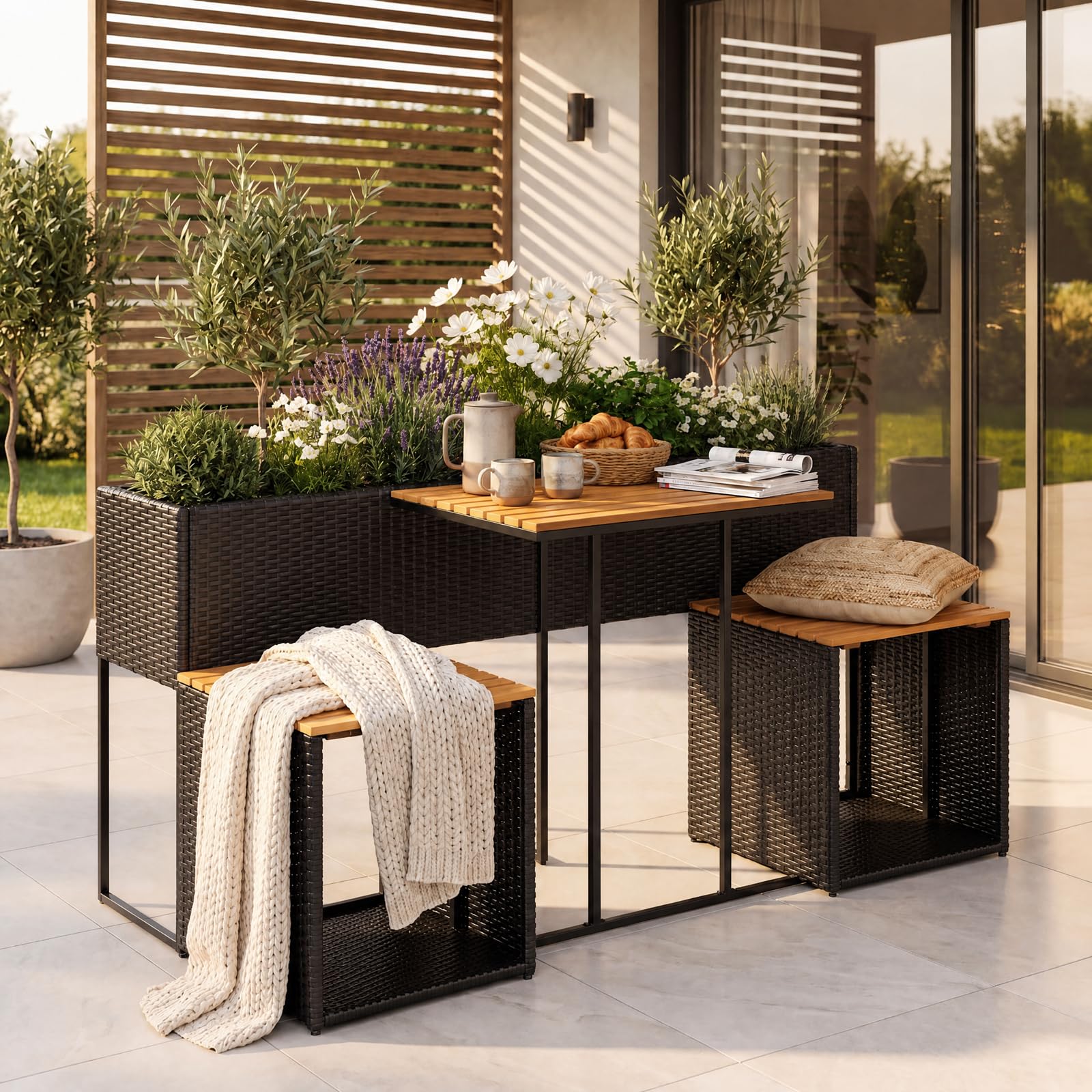 GIANTEX Juego de Muebles de Exterior con Jardinera Elevada, para 2 Personas (Marrón)