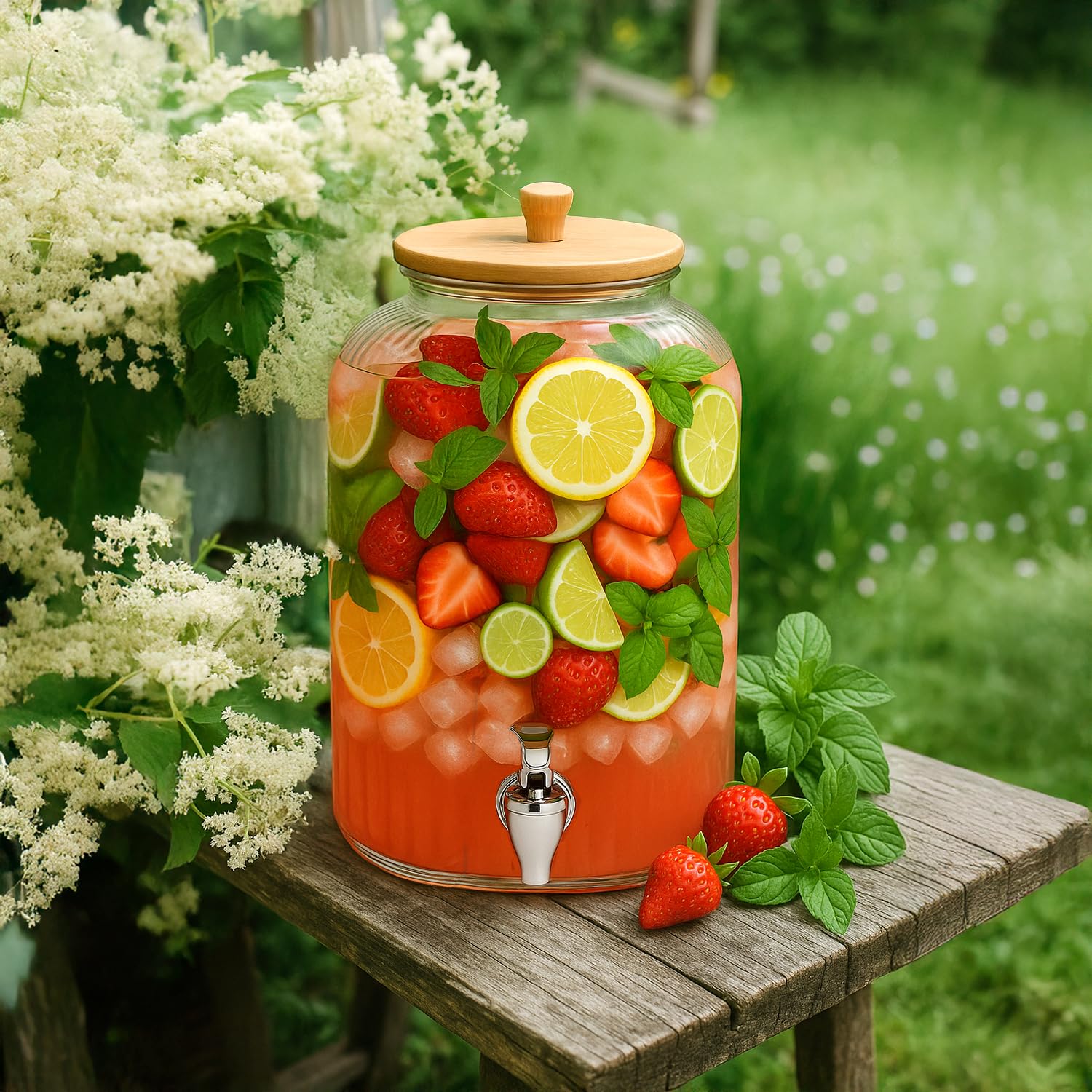 Contenitore in vetro da 8 litri con rubinetto e coperchio in bambù, per limonata, acqua e succo (acciaio inossidabile)