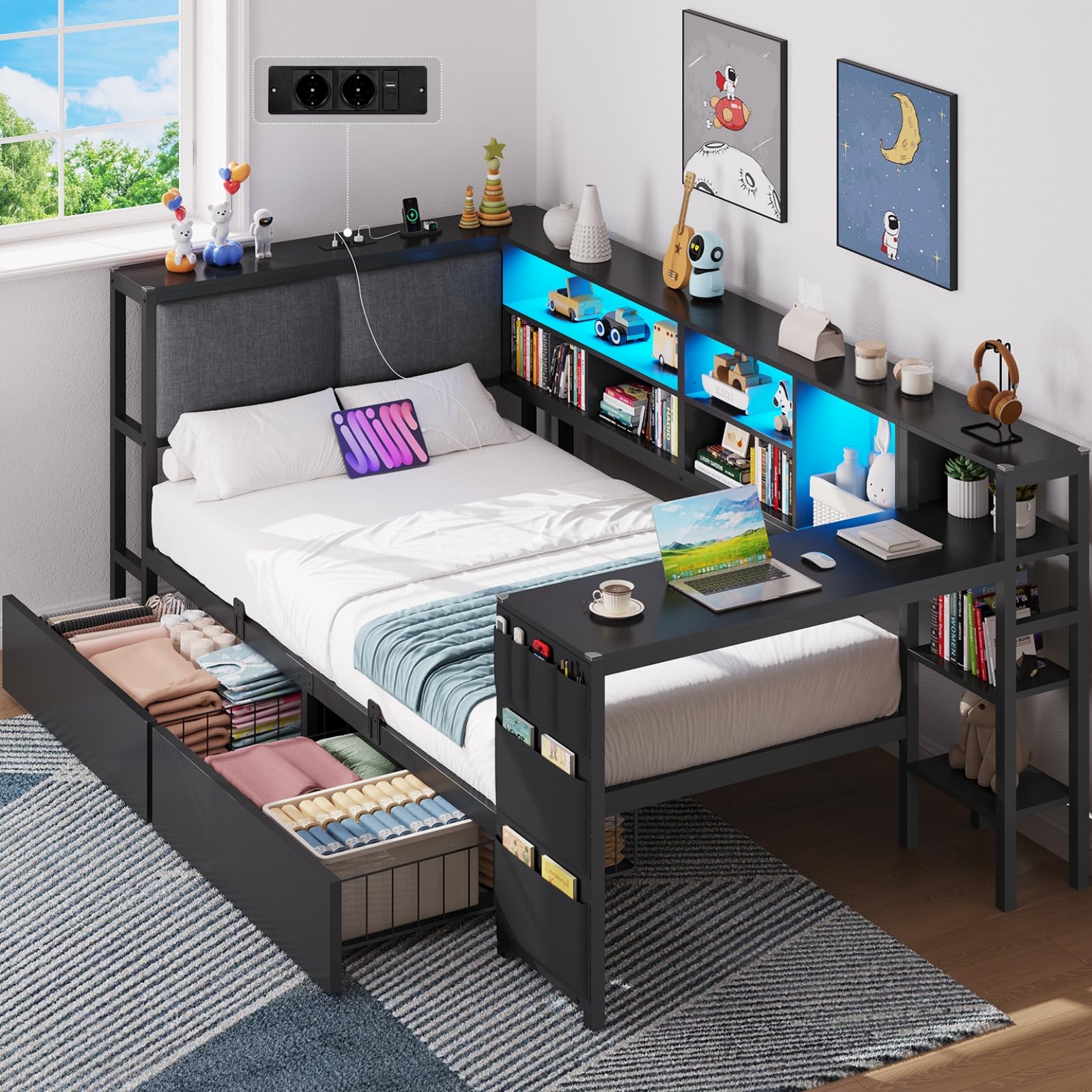 Brinlawb Schlafsofa mit LED-Beleuchtung und Ladestation, Jugendbett 90x200 cm mit einem 35x112cm Tisch und zwei großen Schubladen, Bett 90x200 Tagesbett mit polsterter Rückenlehne am Kopfteil, Schwarz