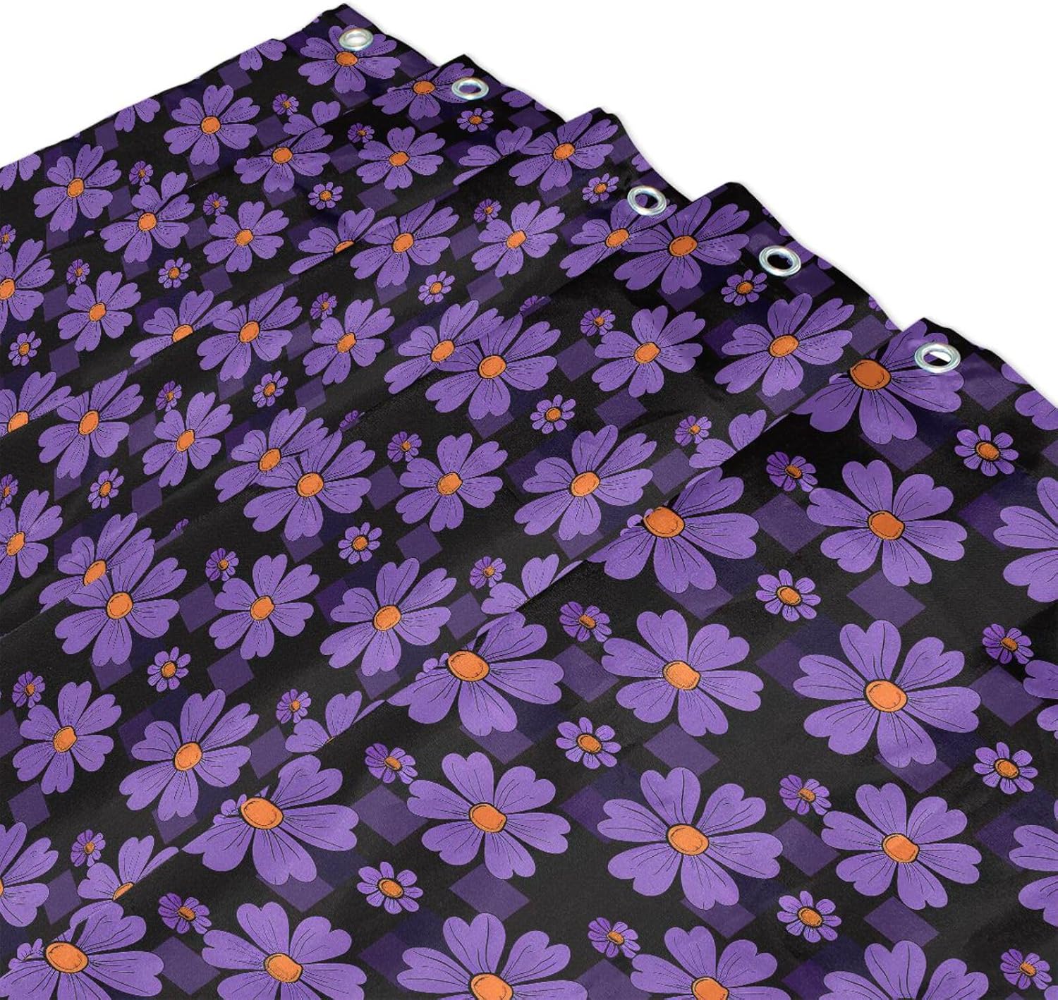 66x72 Inch Water Repellent Modern Shower Curtains with Hook Black Purple Checkered Pattern Purple Flower Polyester Washable Fabric Tub Curtain Liners for Bathroom Accessories