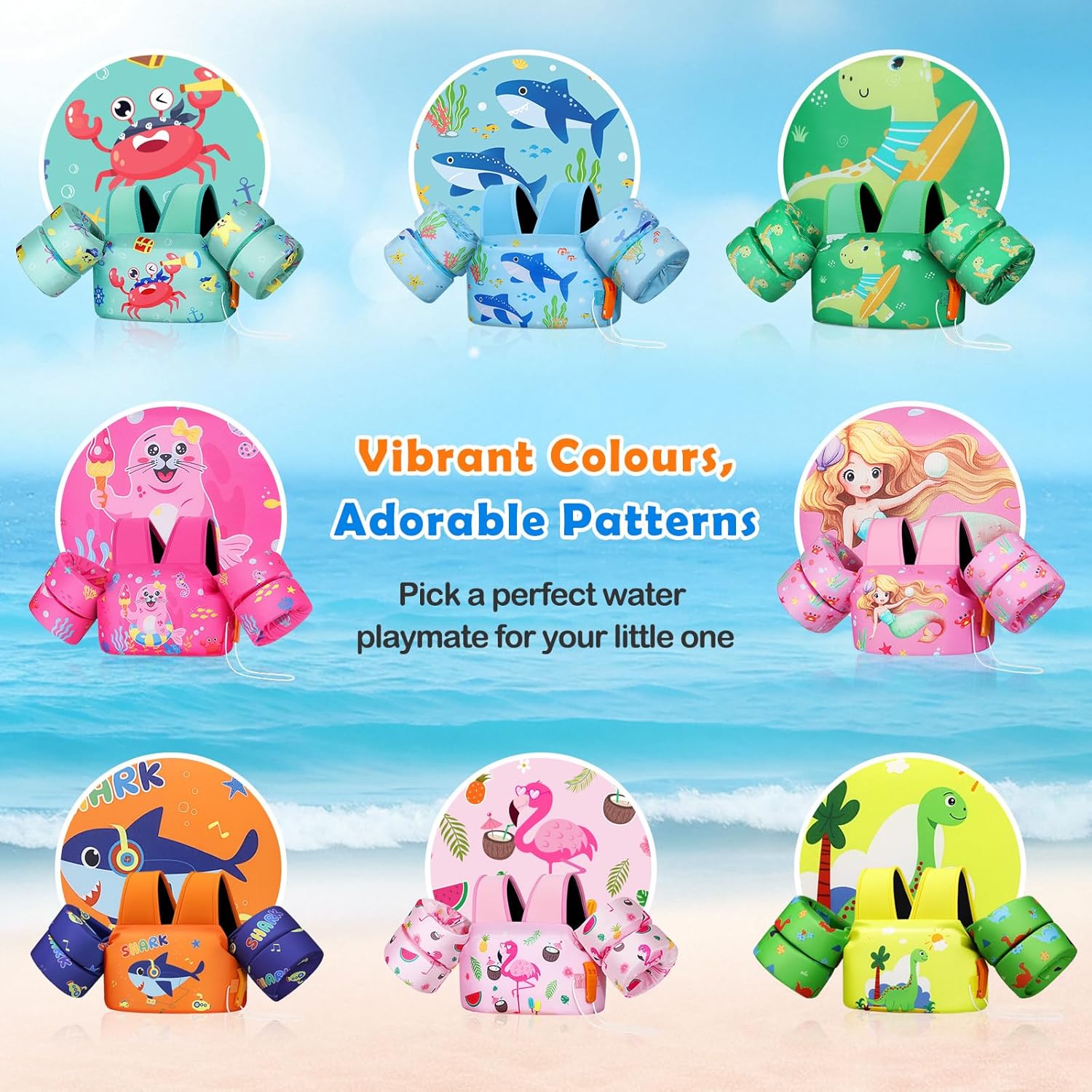 MoKo Toddler Swim Vest for Kids, Swim Arm Floaties 22-66lbs Cartoon Swimming Water Wings Pool Float Vests Sleeves Shoulder Straps Arm Band for Children, Orange Blue Headset Shark
