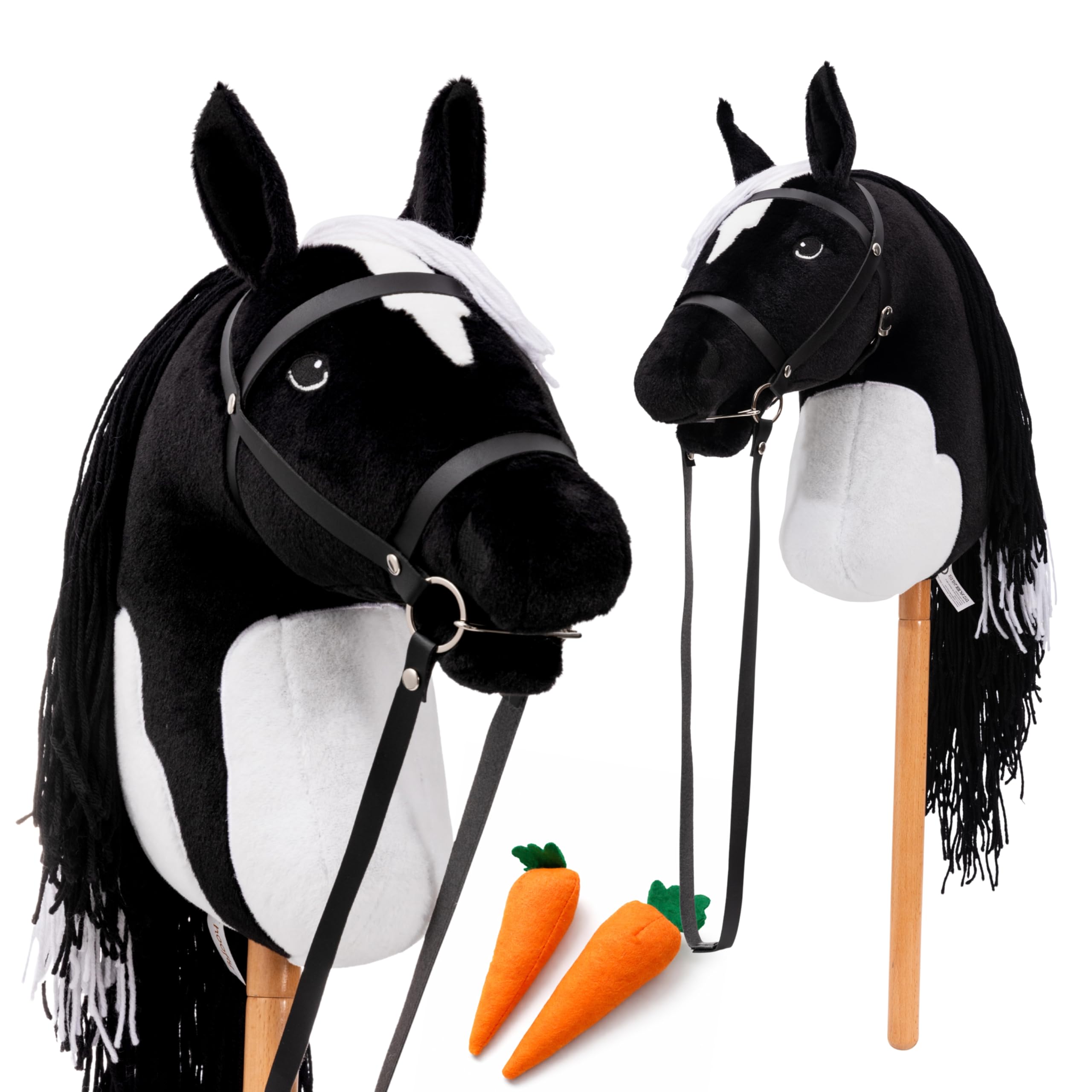 Hoofly® Hobby Horse Pferde – Großes Steckenpferd für Kinder A3 mit Trense & 40 cm Schraubstab | Realistisches & weiches Stockpferd Schwarz (Schecke) | Hobby Horsing Pferd in 4 liebevollen Farben