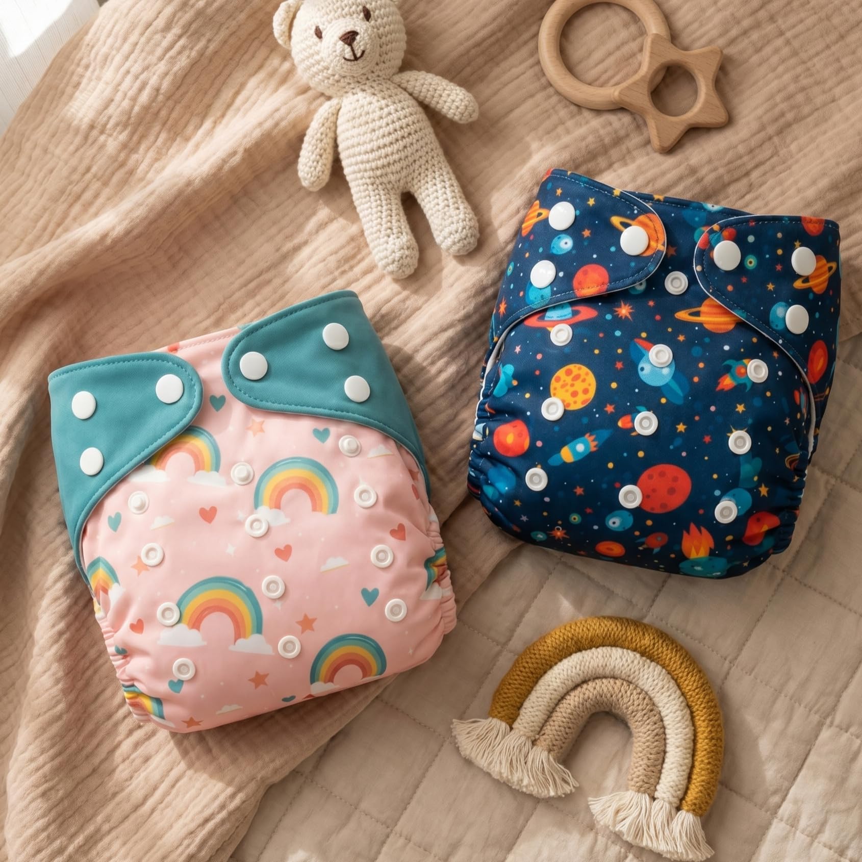 Blushbaby Reusable Cloth Diaper for Babies (0-3 Years) | Leak-Proof & High Absorbency | 1 Washable Diaper+1 Insert Pad | Adjustable, Freesize (5-18kg) | Nappies for Infants & Toddlers (Dino & Rainbow)